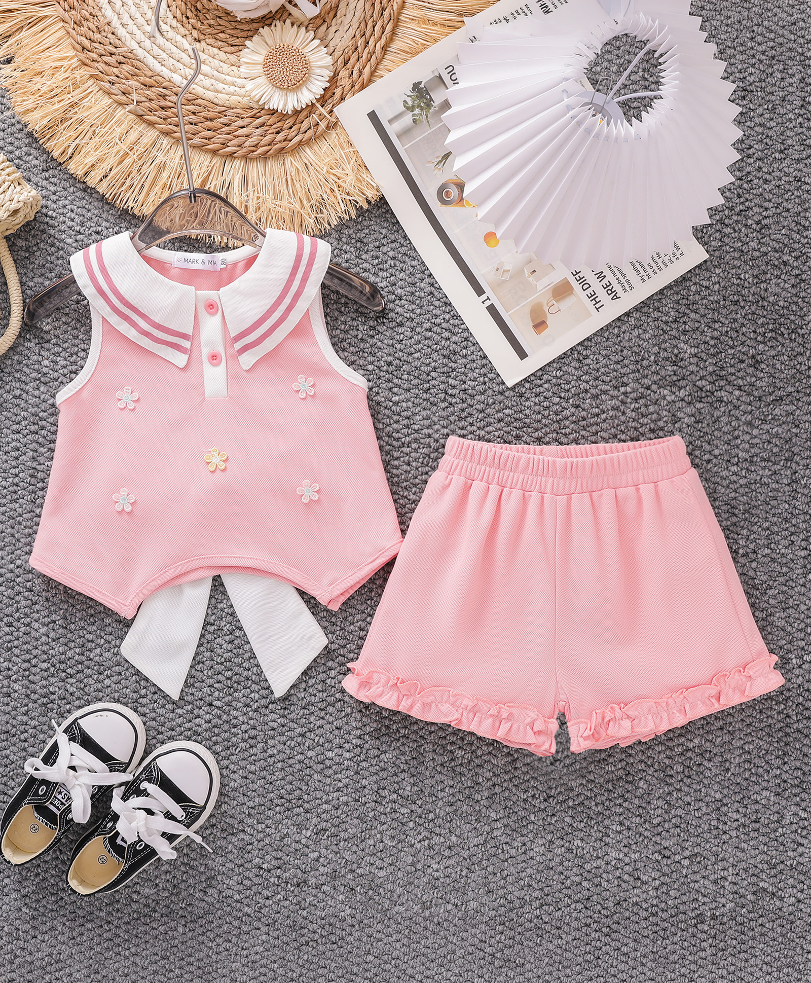 Mark & Mia Sleeveless Top & Shorts Set with Bow & Floral Applique - Pink-image-34