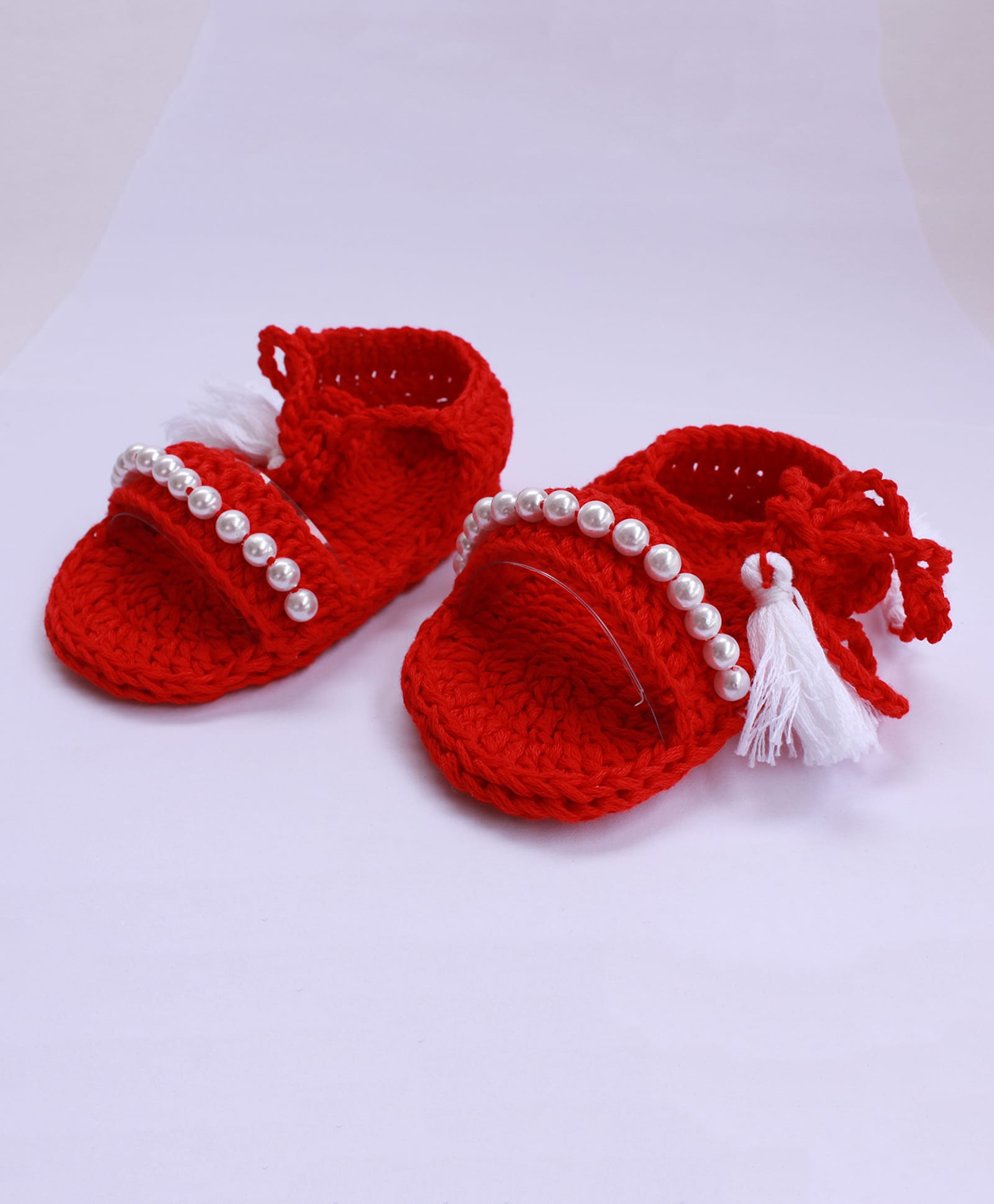 Pihoo Pearl Embellished Tassel Detailed Adjustable Crochet Booties - Red-picture-28