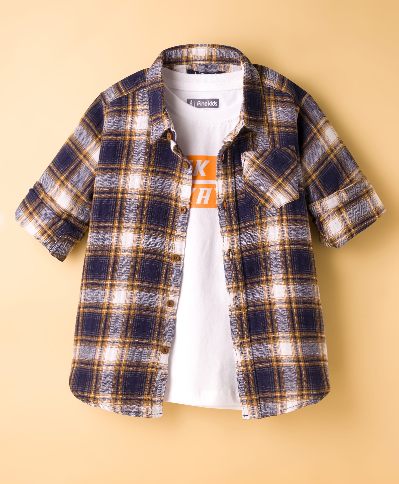 Pine Kids Cotton Woven Full Sleeves Checks Shirt With Printed Inner Tee - Multicolor