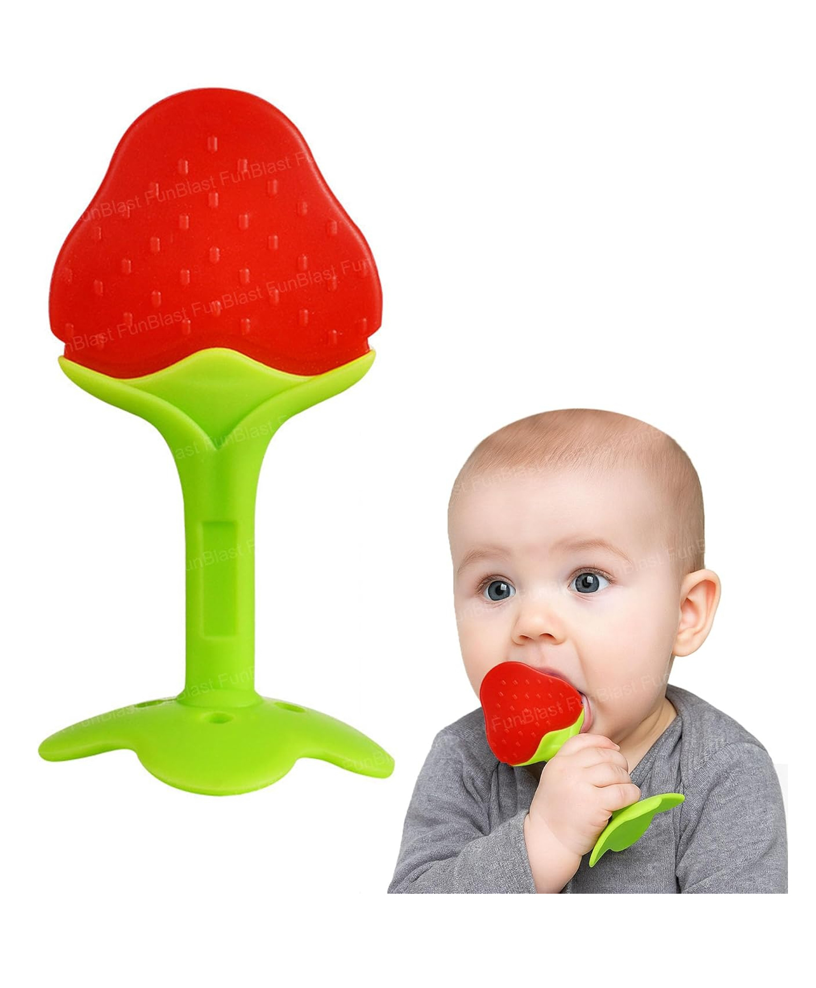 FunBlast Fruits Silicone Baby Teether Toy for Babies Pack of 1 (Strawberry)-picture-34