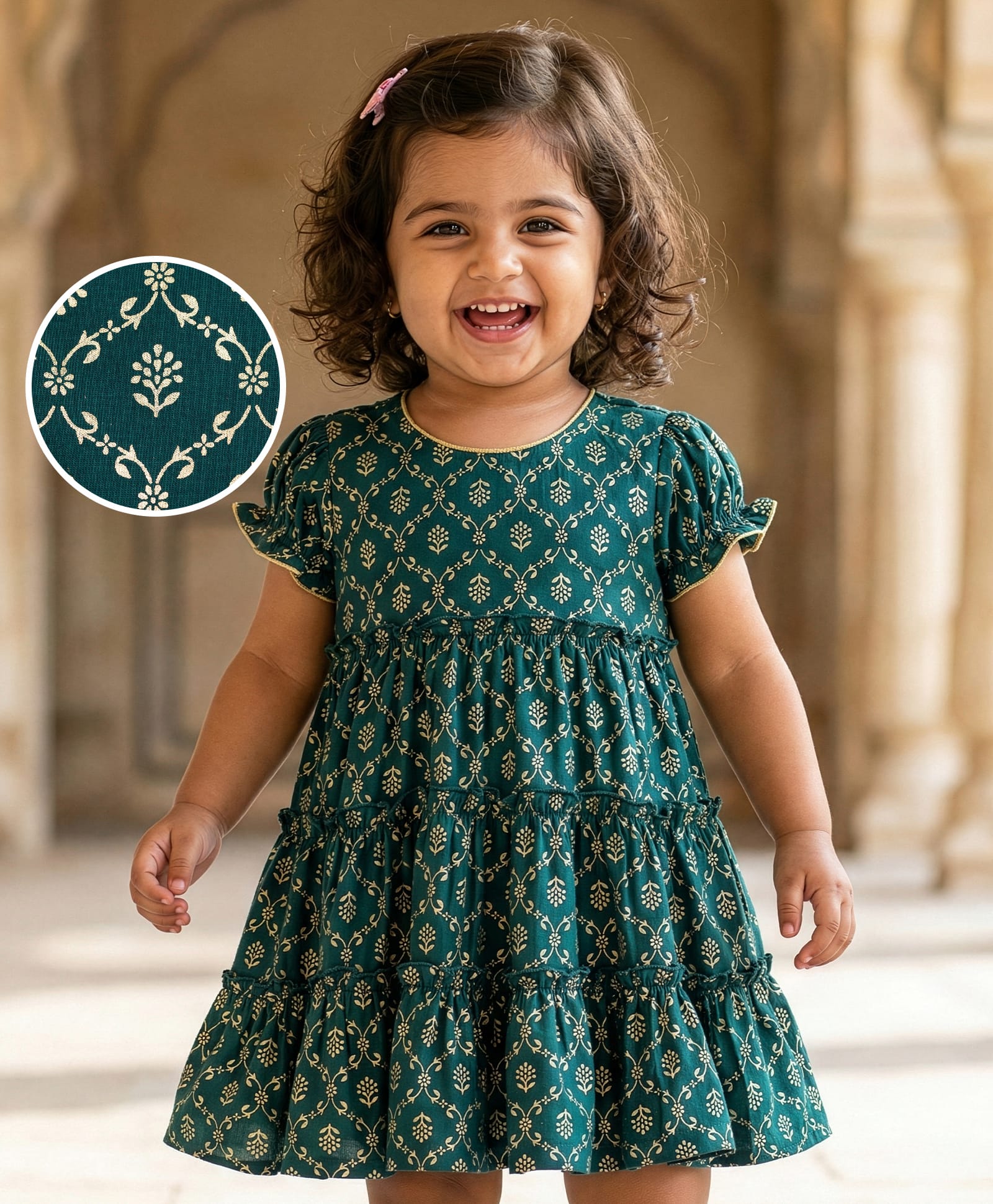 EARTHY TOUCH Cotton Knit Half Puffed Sleeves Ethnic Dress with Floral Glitter Print - Green-image-25