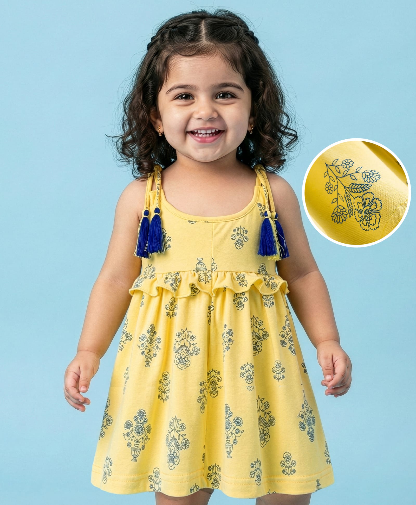 EARTHY TOUCH Cotton Knit Sleeveless Ethnic Dress With Floral Print - Yellow-image-18