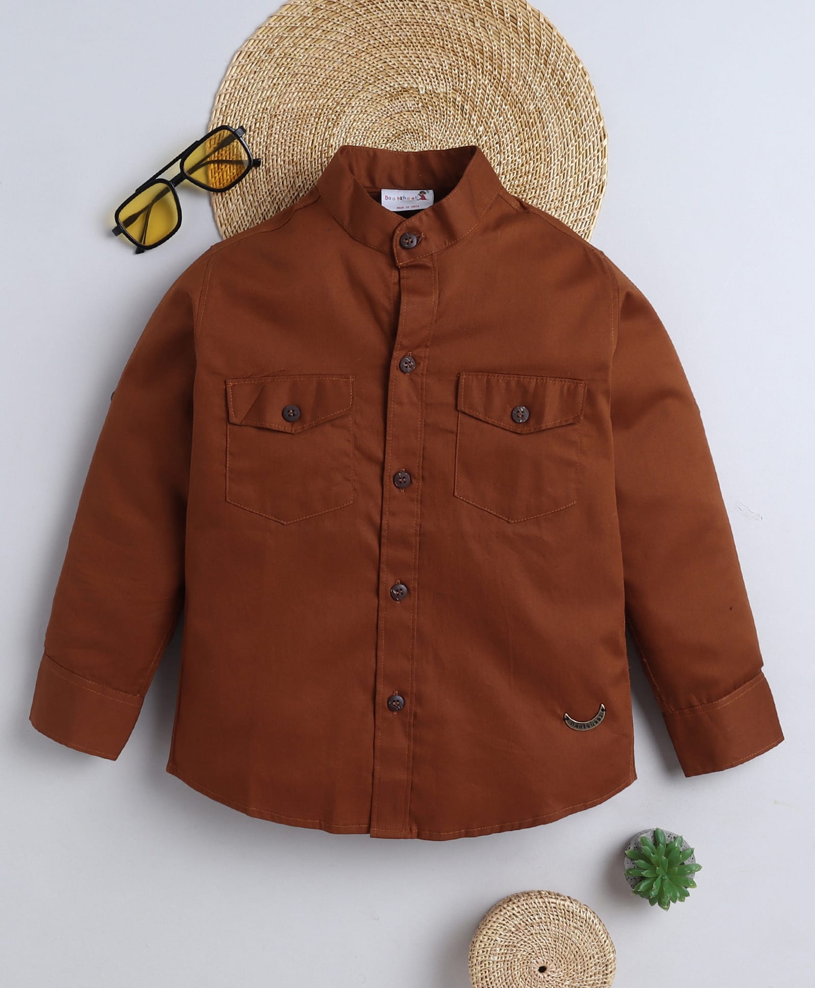 BAATCHEET Cotton Woven Full Sleeves Solid Shirt - Brown-image-13