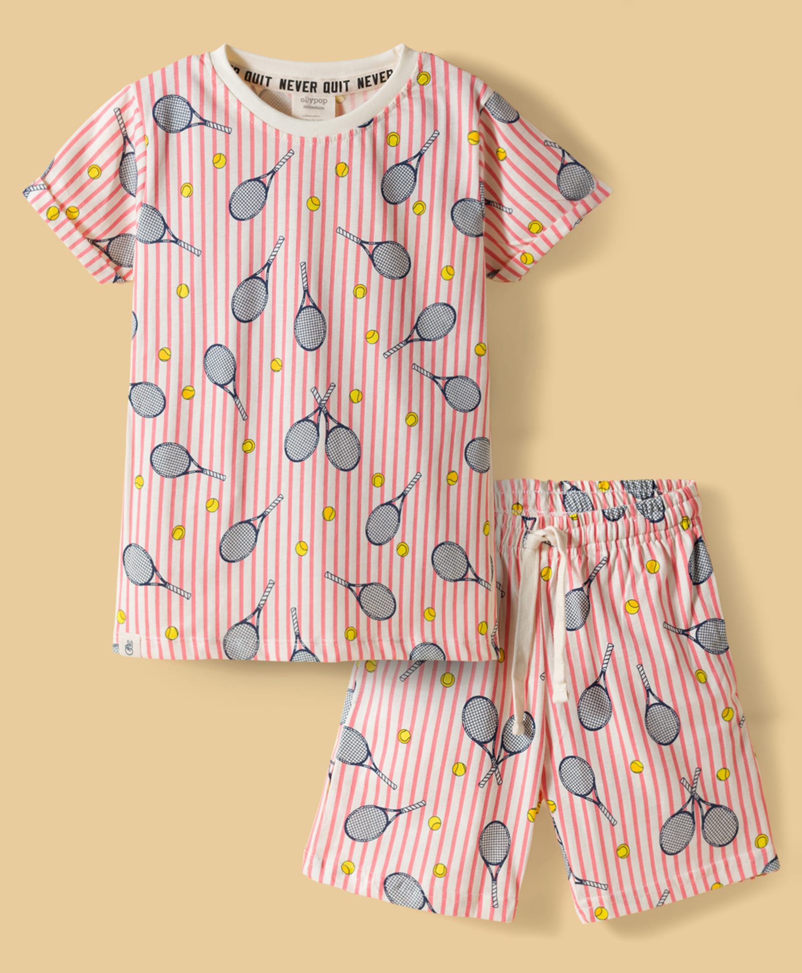 Ollypop Sinker Knit Half Sleeves T-Shirt & Shorts Co-ord Night Suit With Tennis Print - Cream & Peach-picture-23