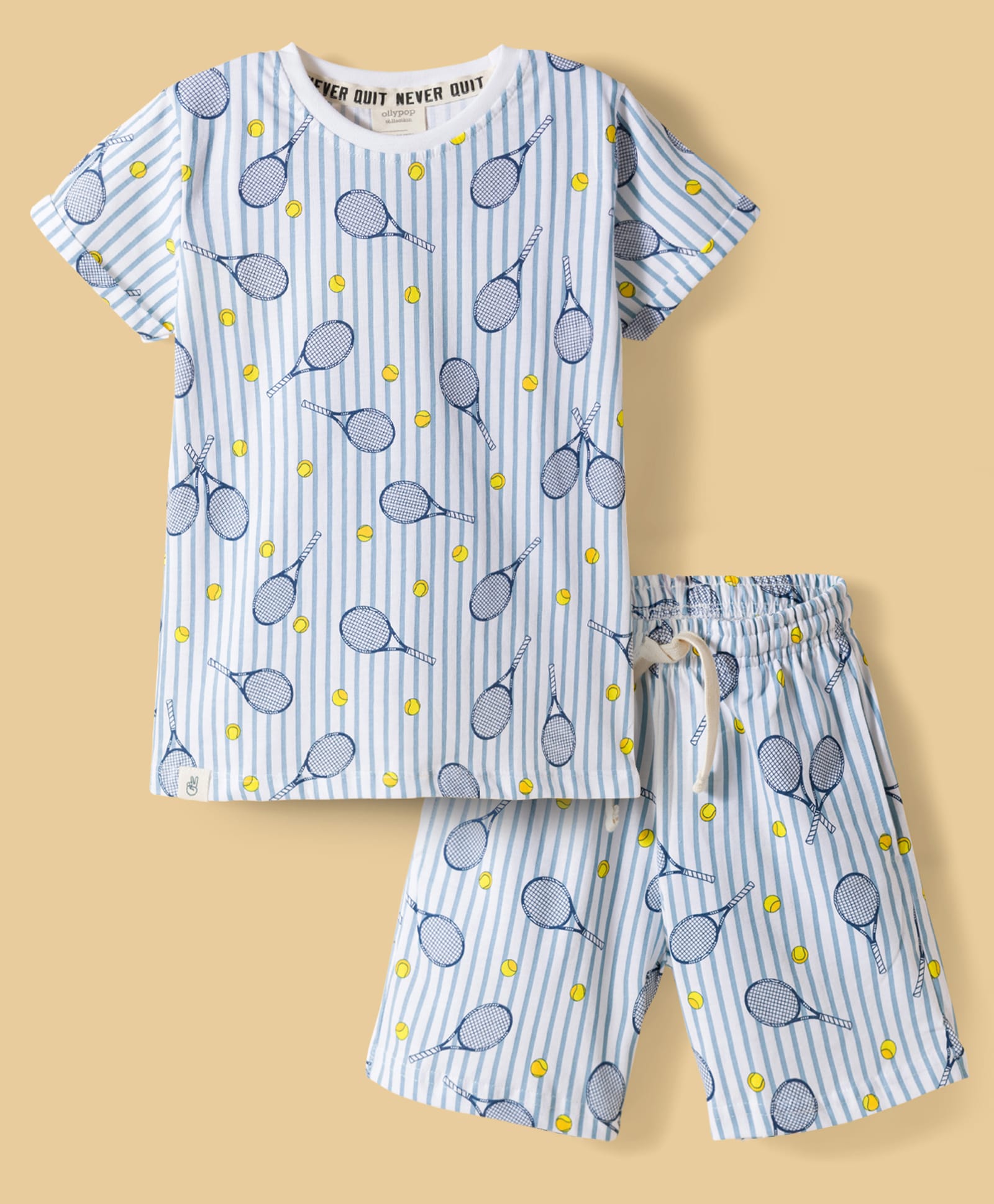 Ollypop Sinker Knit Half Sleeves T-Shirt & Shorts Co-ord Night Suit With Tennis Print - Cream & Peach-picture-48