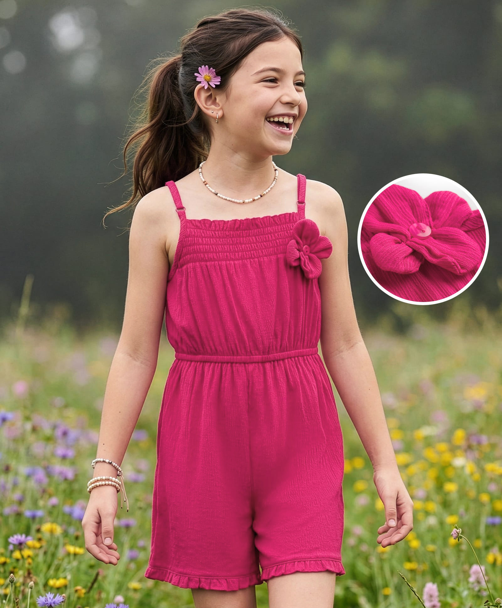 Pine Kids Viscose Cotton Woven Sleeveless Solid Colour Jumpsuit with Floral Applique - Fuschia-picture-19