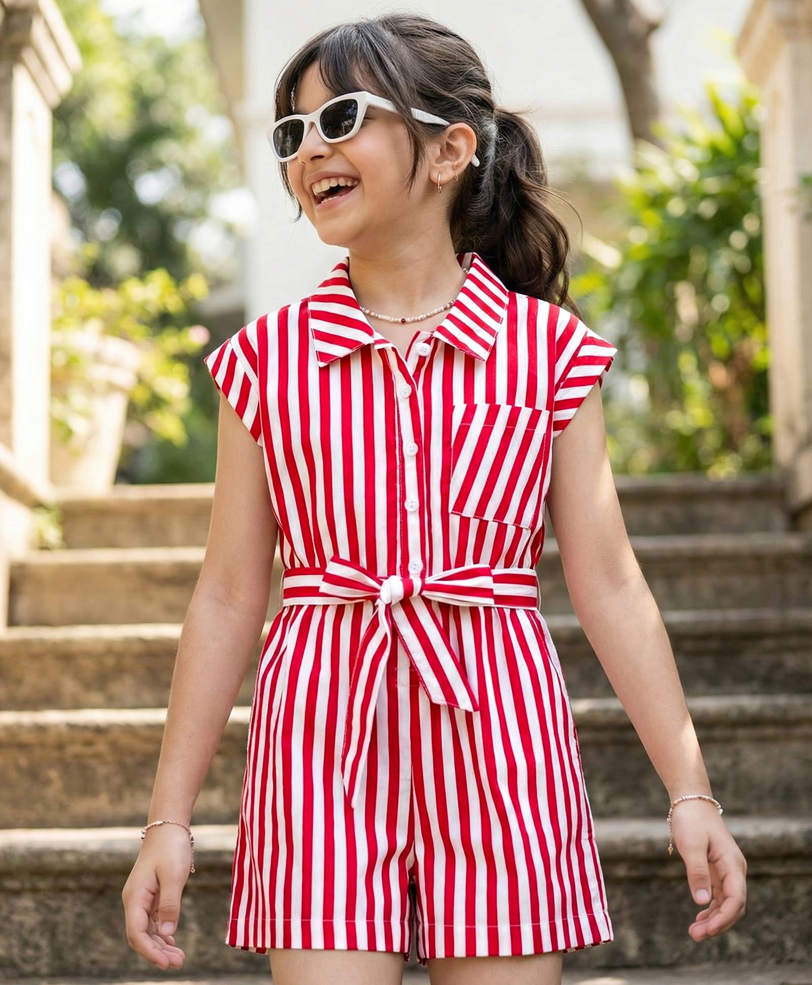 Pine Kids Poplin Woven Sleeveless Striped Jumpsuit - Red-image-3
