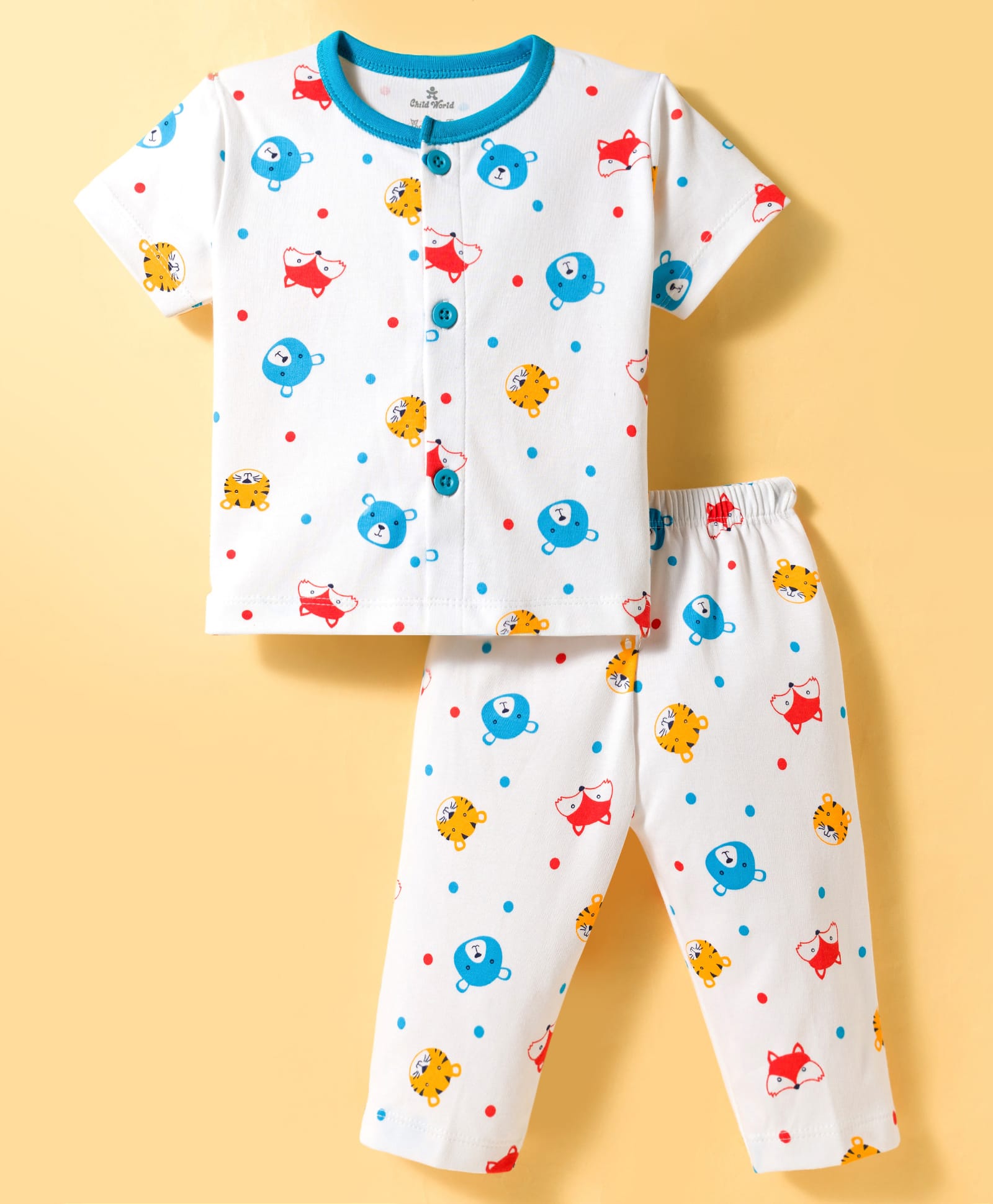 Child World Interlock Knit Half Sleeves Co-ords T-Shirt & Pajama Night Suit with Animal Print - Blue & White-picture-49