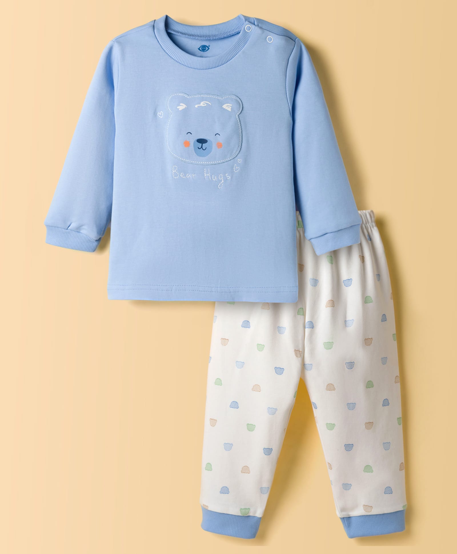 Zero Knitted Full Sleeves Teddy Bear Patch Top & Joggers Pant Set - Light Blue & Offwhite-picture-27
