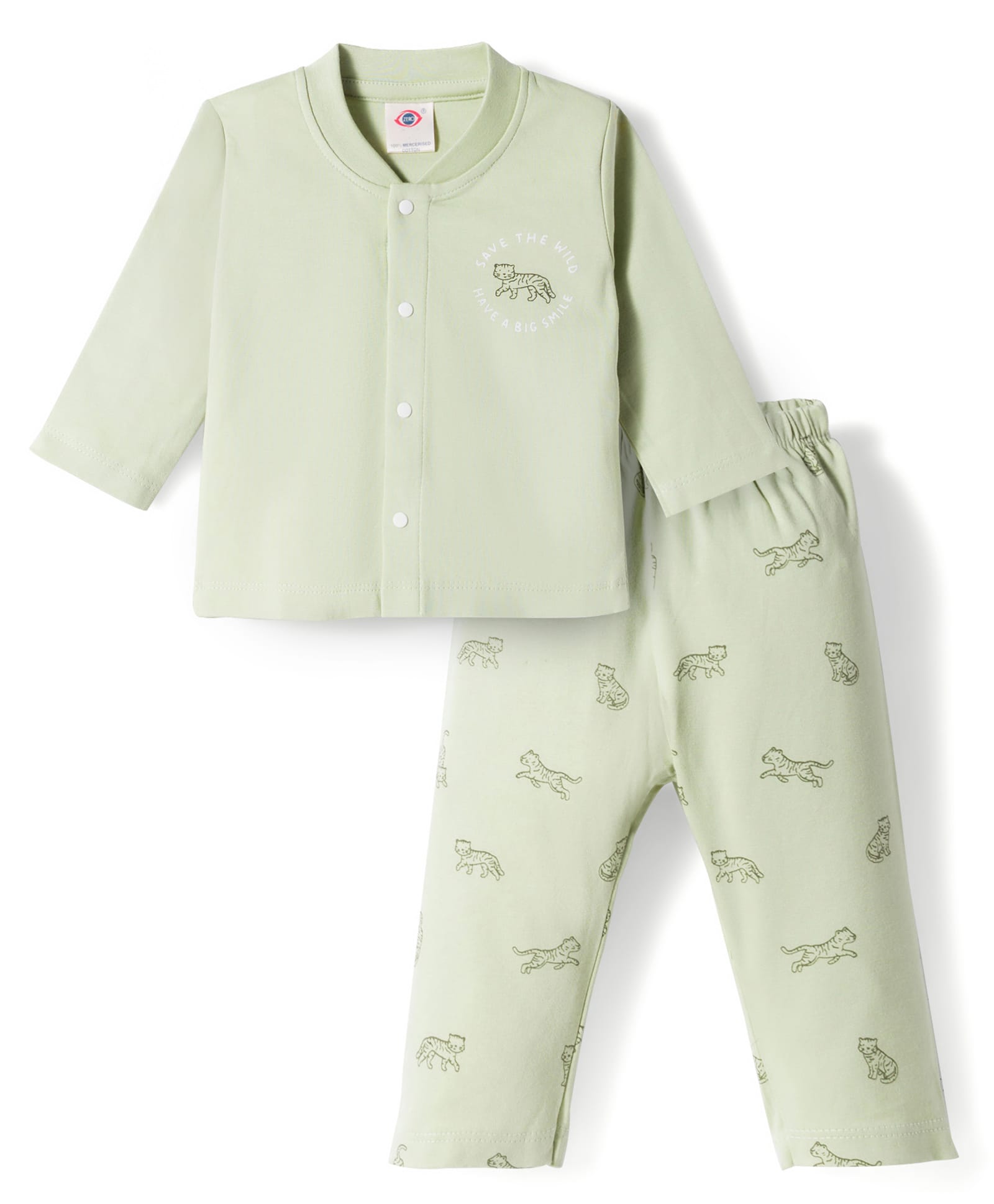 Zero Knitted Full Sleeves Tiger Printed T-Shirt & Lounge Pant Set - Light Green-picture-37