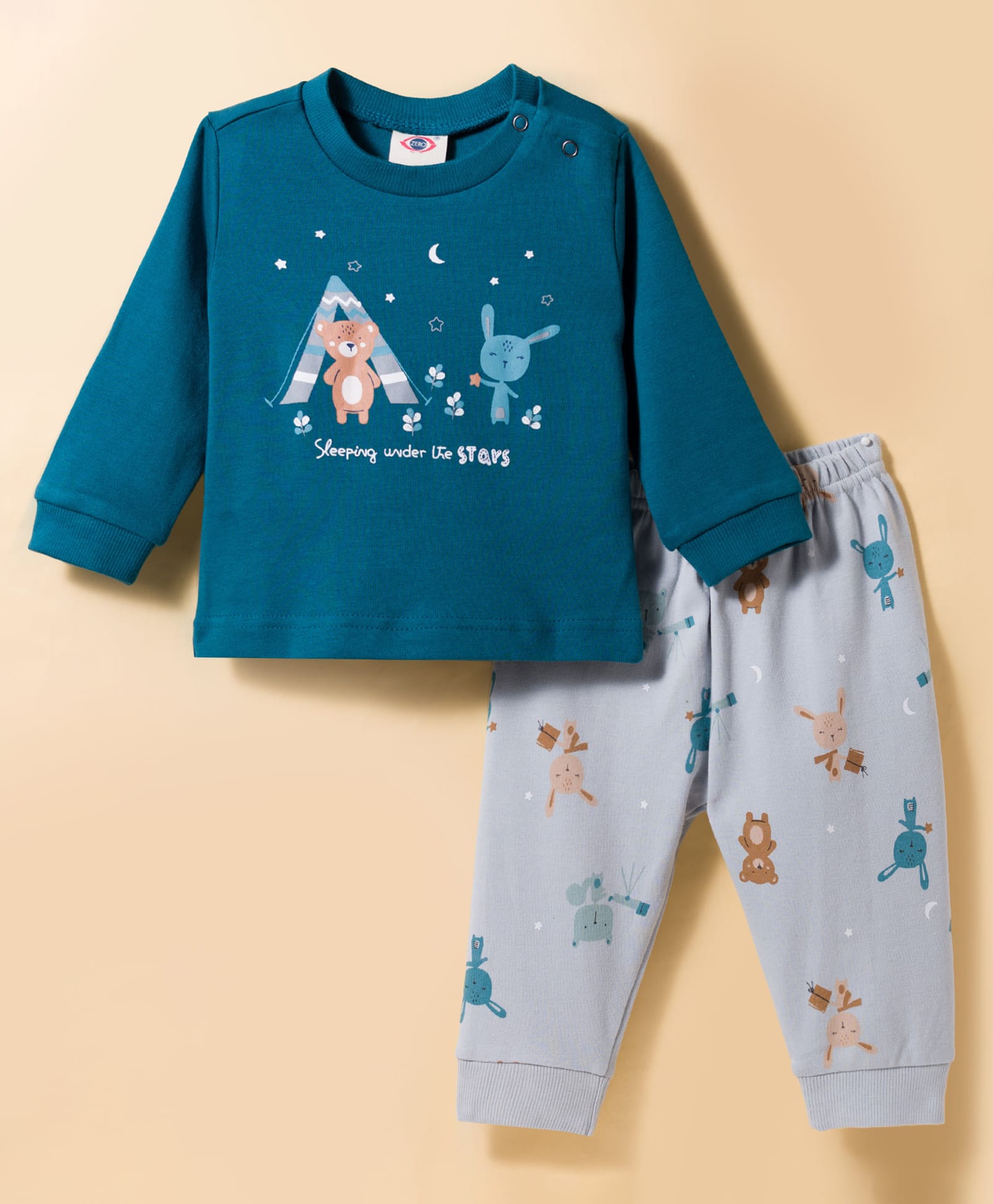 Zero Knitted Full Sleeves Animal Printed Top & Joggers Pant Set - Teal Blue & Silver-image-39