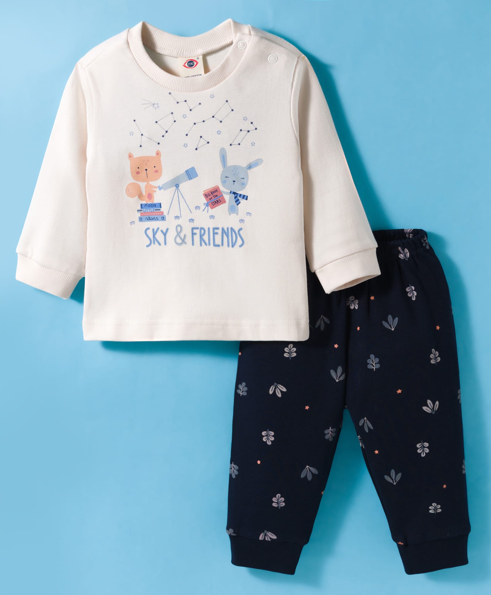 Zero Knitted Full Sleeves Animal Printed Top & Joggers Pant Set - Navy Blue & Cream-image-18