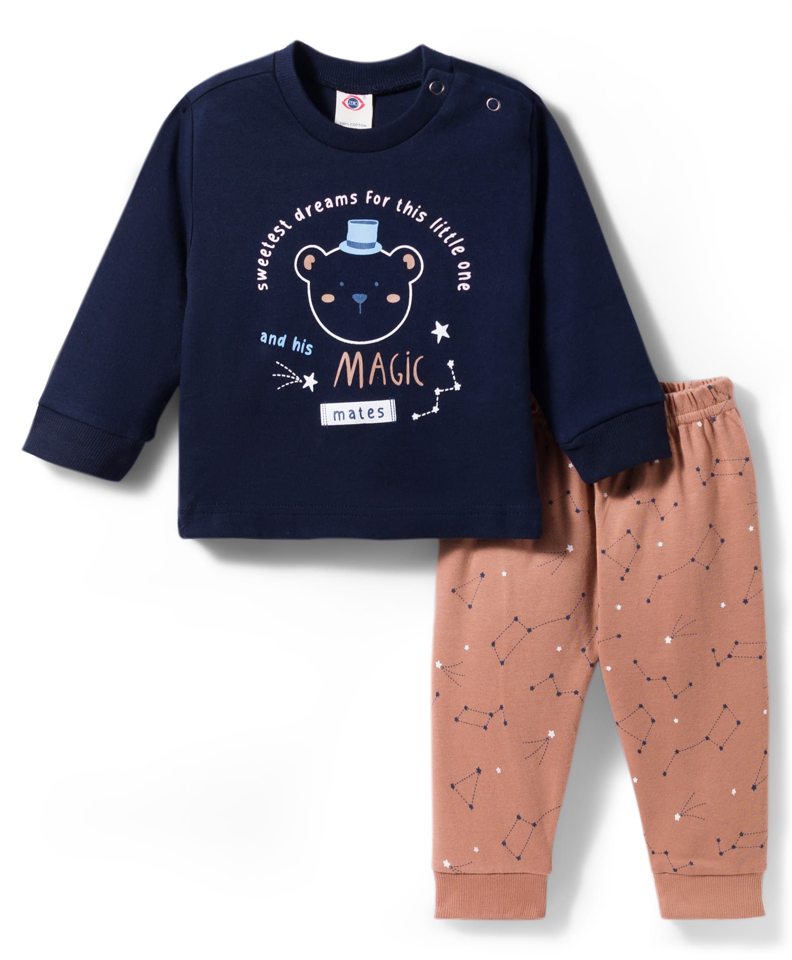 Zero Knitted Full Sleeves Bear Printed Top & Joggers Pant Set - Navy Blue & Brown-image-27