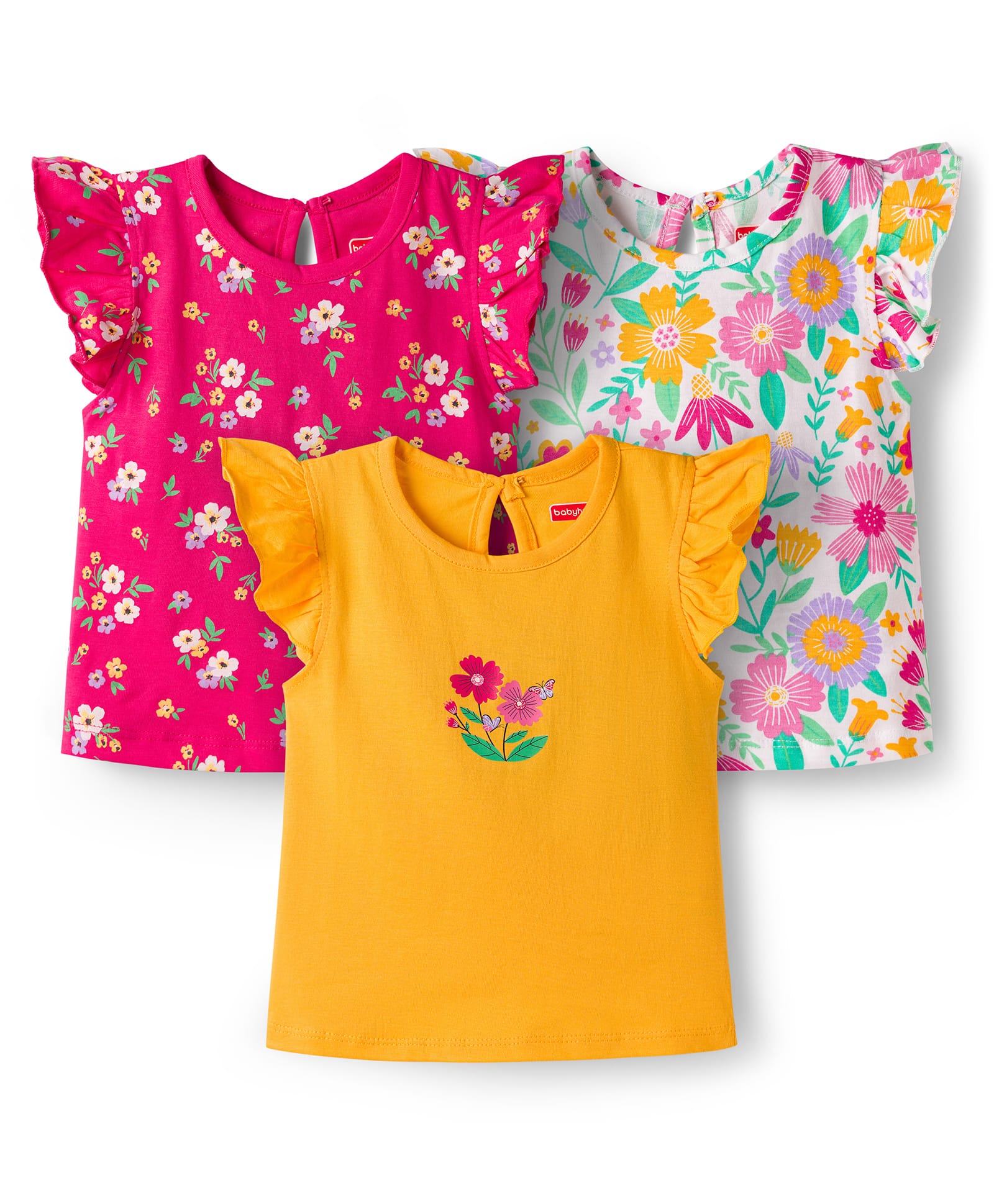 Babyhug Cotton Knit Half Frill Sleeves T-Shirts with Floral Graphics Pack of 3 - Dark Pink White & Yellow