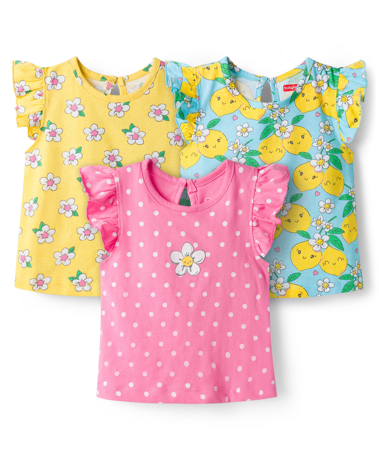 Babyhug Cotton Knit Half Frill Sleeves T-Shirts with Floral Graphics Pack of 3 - Pink Light Blue & Light Yellow-image-12