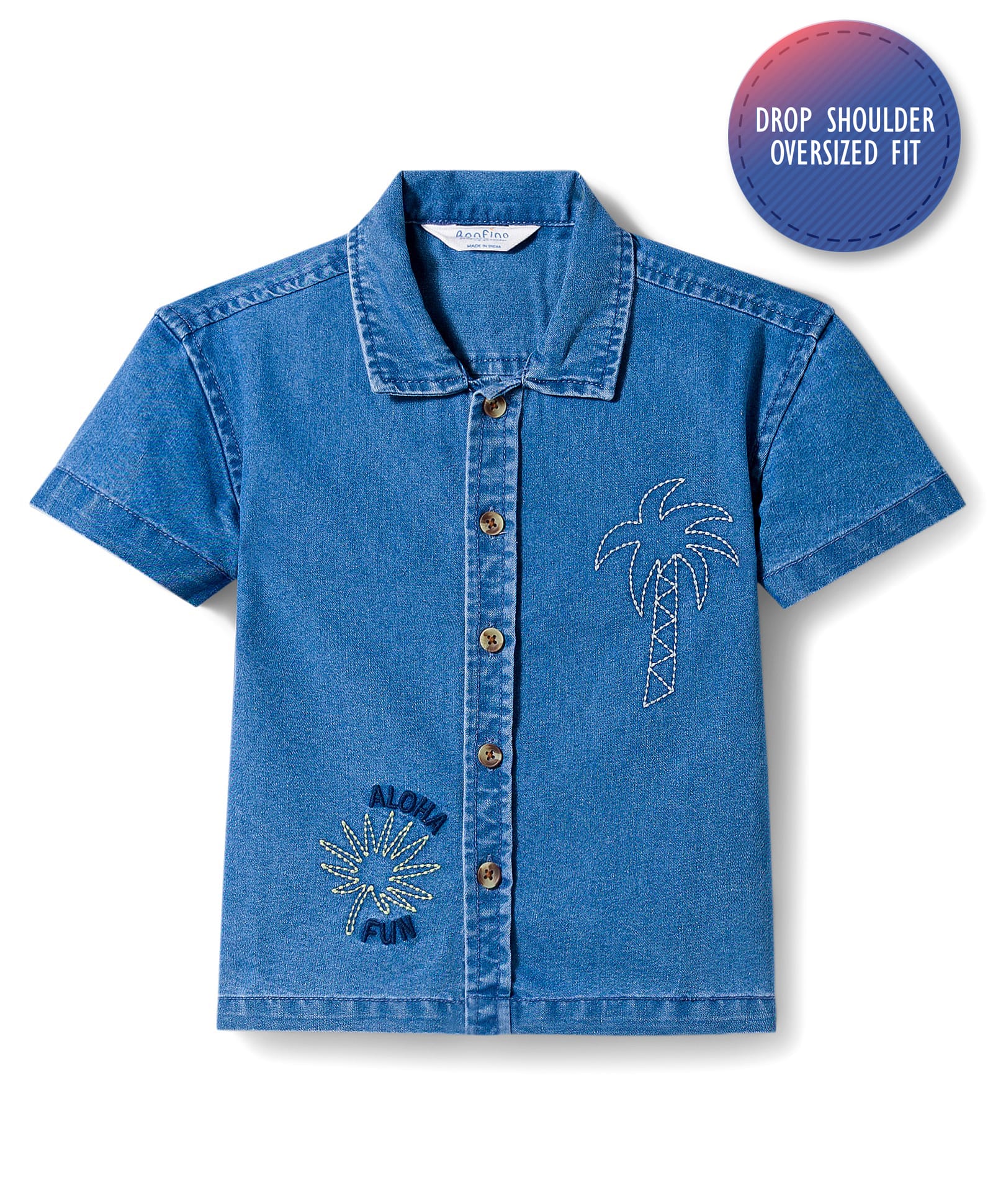 Bonfino 100% Cotton Woven Half Sleeves Oversized Denim Shirt With Tree Embroidery - Blue-picture-22