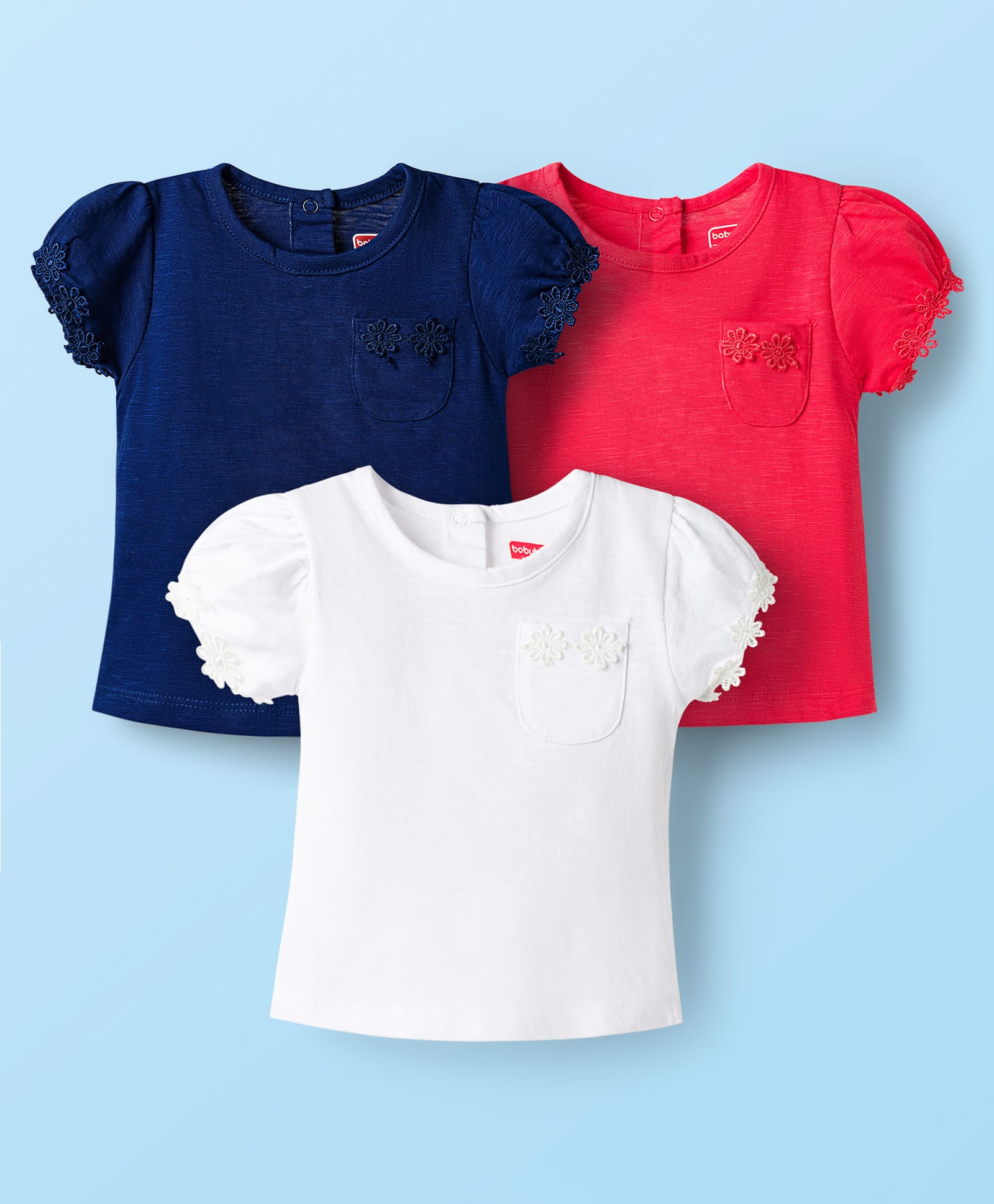 Babyhug Cotton Knit Half Sleeves Solid T-Shirts with Floral Applique Pack of 3 - Red Navy Blue & White