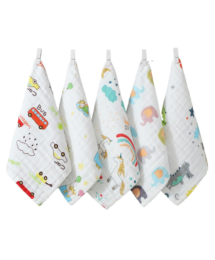 TERI BERI Muslin Cotton Printed Face Towels for Newborn Baby Extra Soft Hankies Reusable Napkins for Infants Toddlers - 25x25 cm (Pack of 5,White)-picture-12