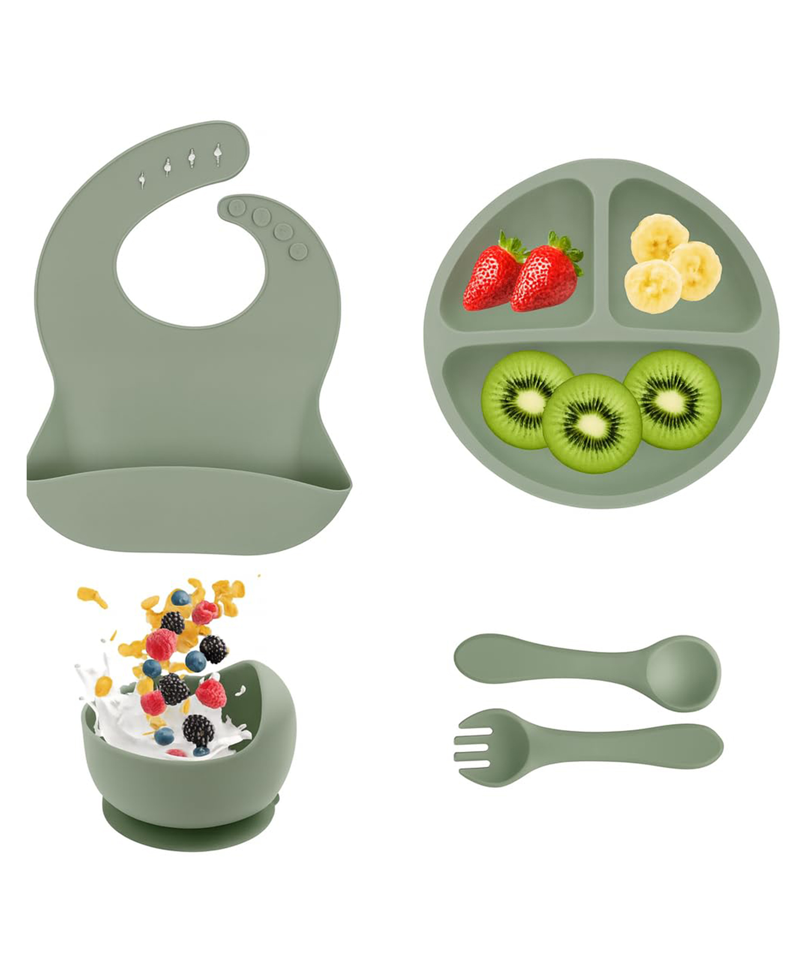 TERI BERI 4 Pcs Premium BPA Free Silicone Baby Feeding Set, Silicone Self-Feeding Training Set for Baby (Suction Divided Plate, Bowl, Spoon & Fork)-image-9