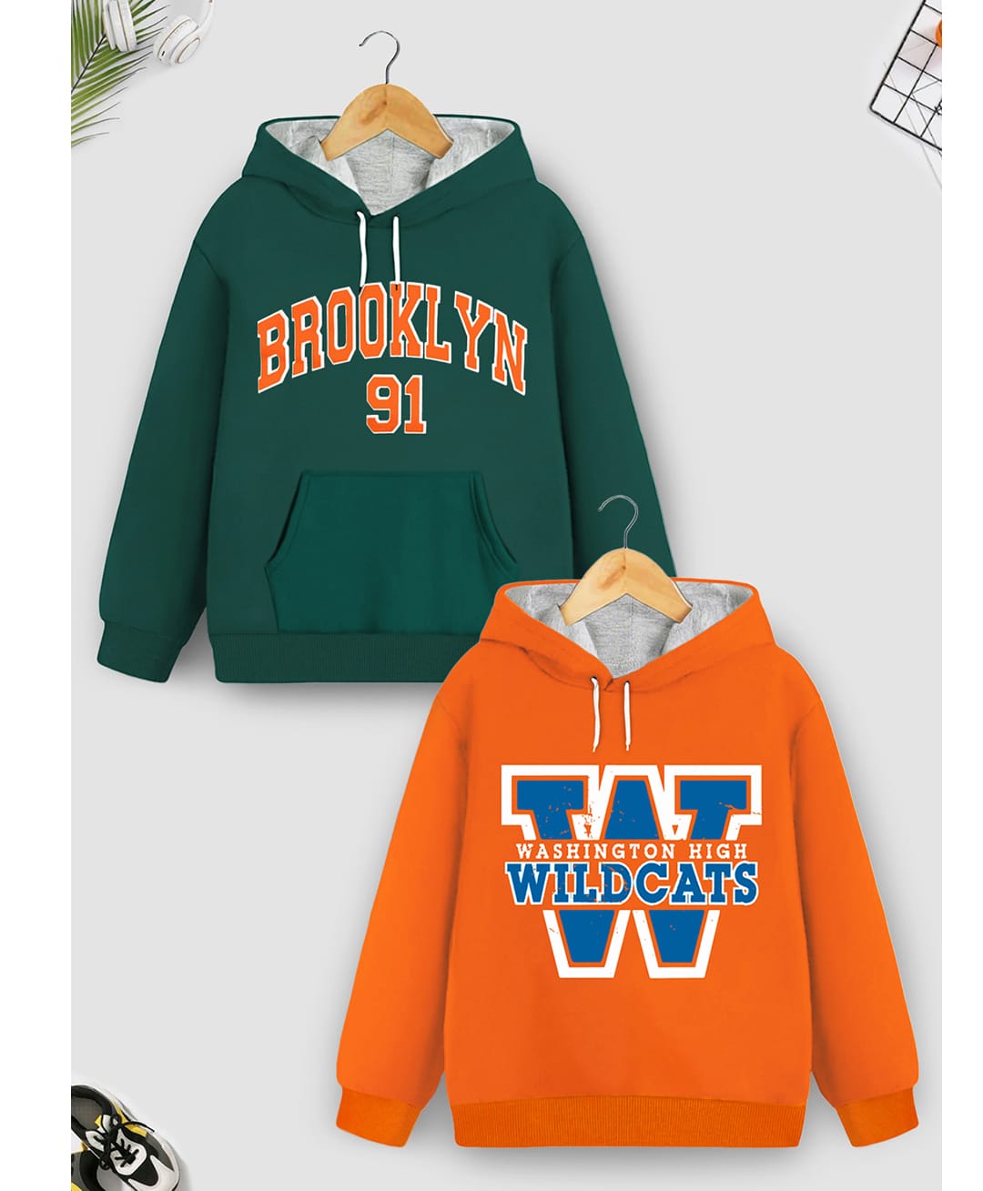 Trampoline Fleece Knit Pack Of 2 Full Sleeves Typography Printed Light Winter Hoodies - Green & Orange-picture-14