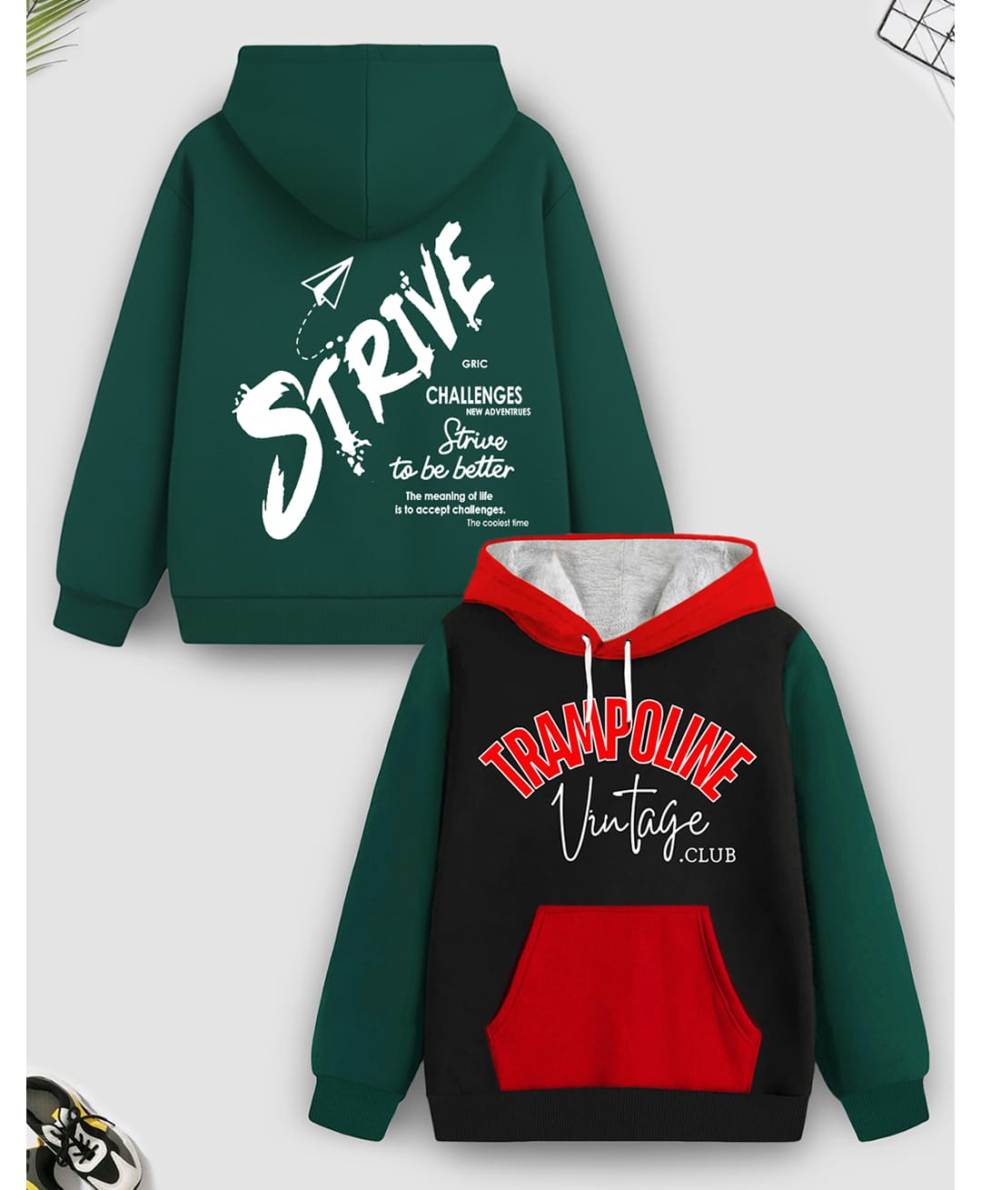 Trampoline Fleece Knit Pack Of 2 Full Sleeves Strive Text & Typography Printed Light Winter Hooded Sweatshirt & Hoodie - Multi Colour-picture-22