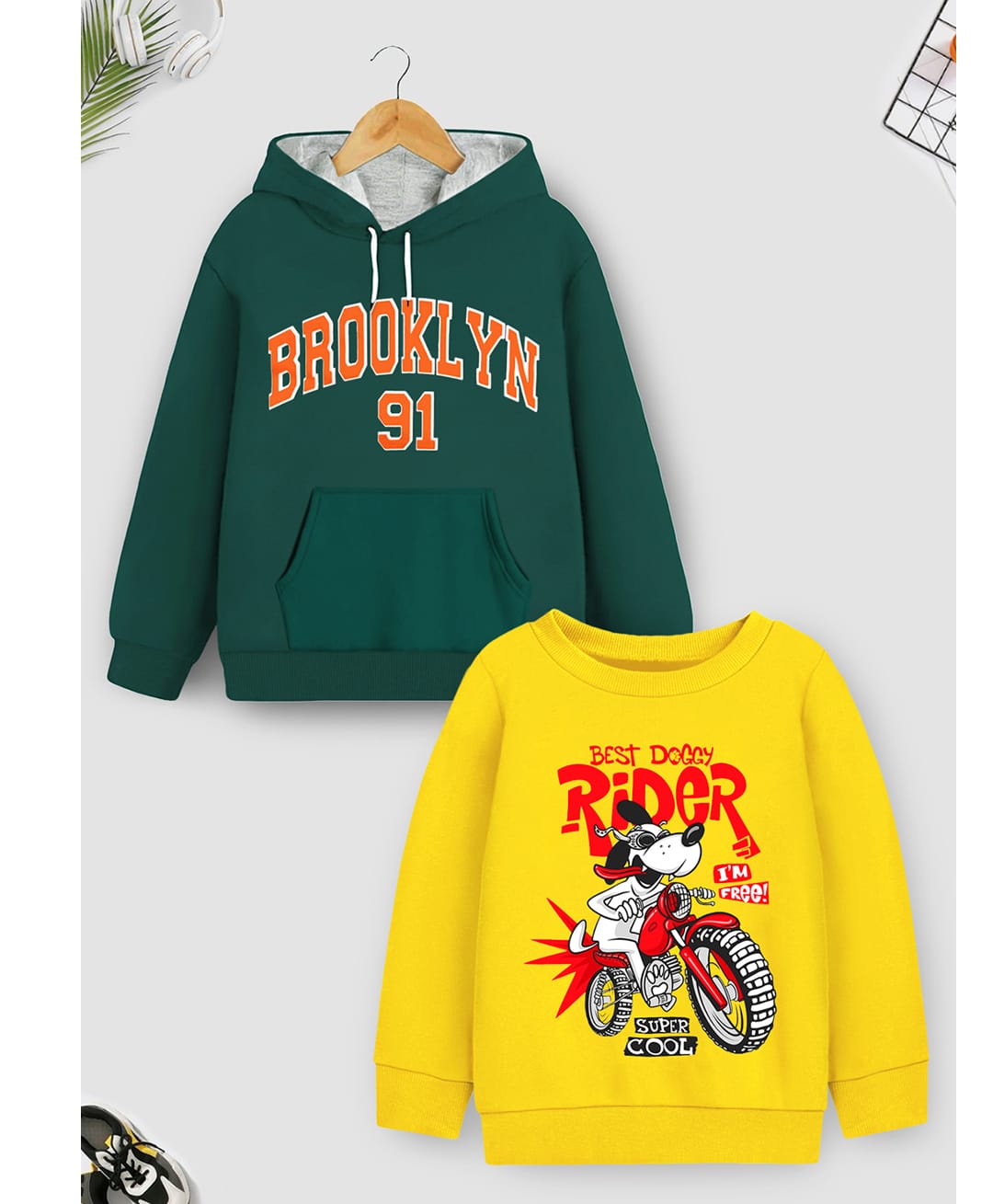 Trampoline Fleece Knit Pack Of 2 Full Sleeves Strive Text & Brooklyn 91 Text & Bike Printed Light Winter Sweatshirt & Hoodie - Green & Yellow-picture-21