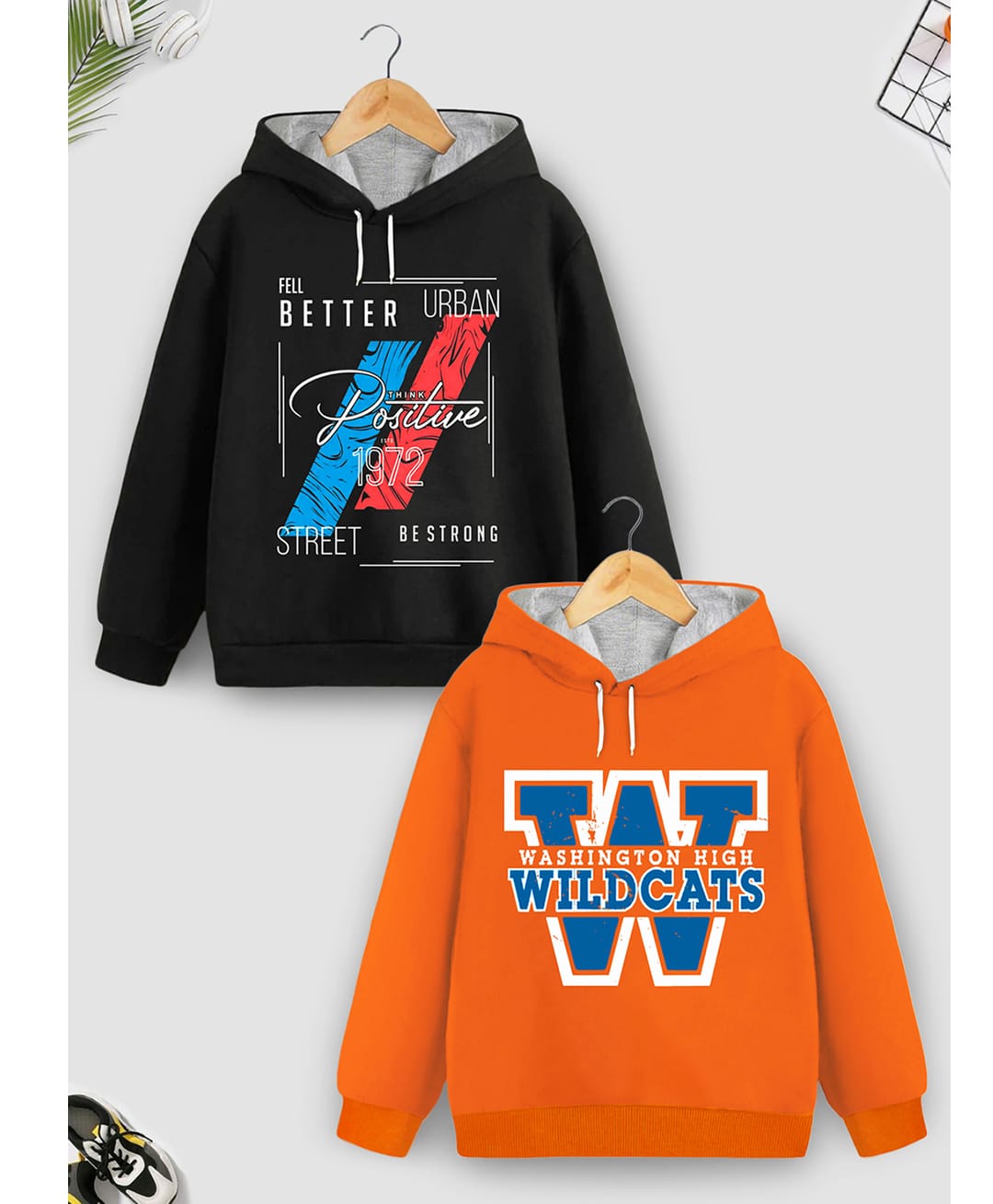 Trampoline Fleece Knit Pack Of 2 Full Sleeves Typography Printed Light Winter Hoodies - Black & Orange-picture-11