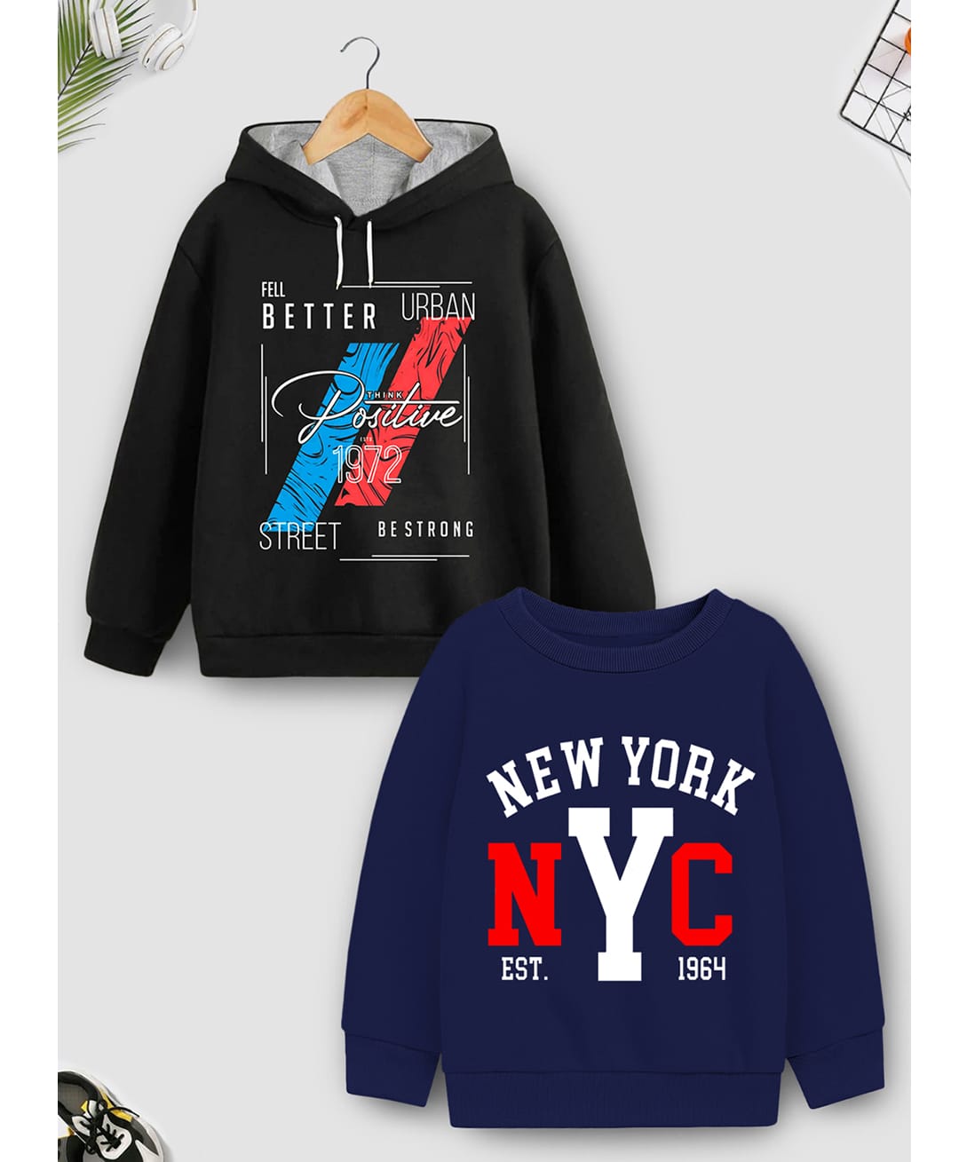 Trampoline Fleece Knit Pack Of 2 Full Sleeves Typography & NYC Text Printed Light Winter Sweatshirt & Hoodie - Black & Navy Blue-picture-21