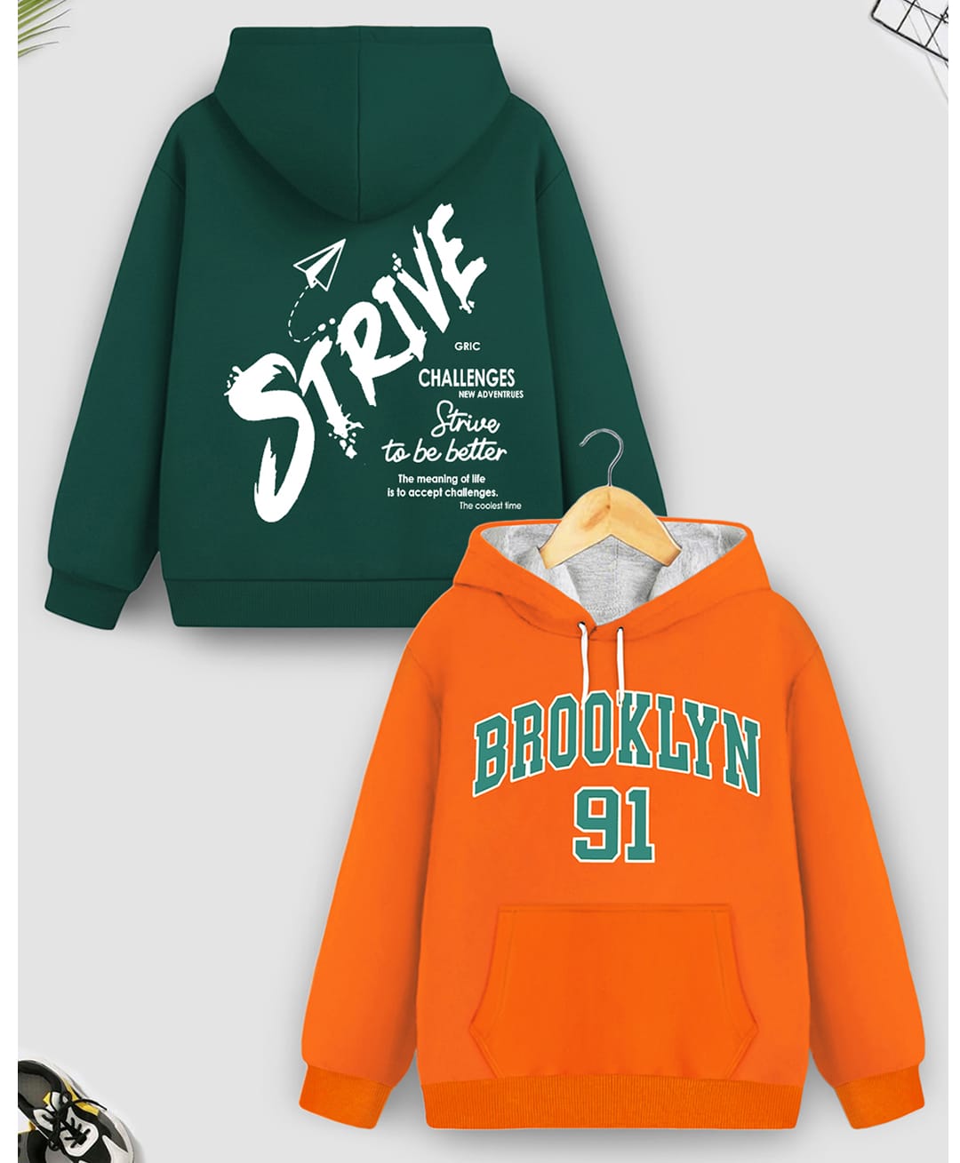 Trampoline Fleece Knit Pack Of 2 Full Sleeves Strive & Brooklyn Text Printed Light Winter Hooded Sweatshirt & Hoodie - Green & Orange-picture-15