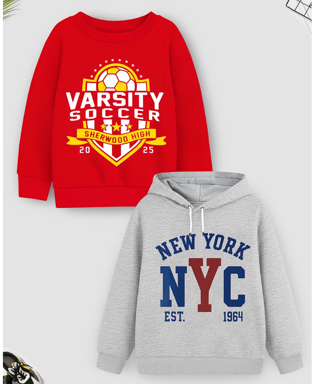 Trampoline Fleece Knit Pack Of 2 Full Sleeves Typography Printed Light Winter Sweatshirt & Hoodie - Red & Grey-picture-19