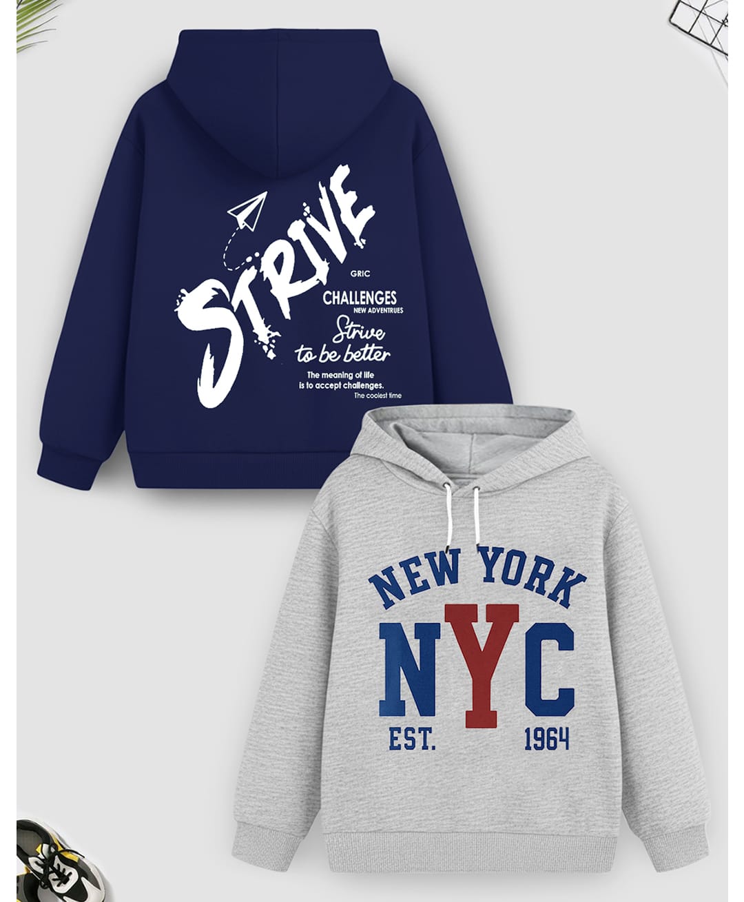 Trampoline Fleece Knit Pack Of 2 Full Sleeves Strive & Nyc Text Printed Light Winter Hooded Sweatshirt & Hoodie - Navy Blue & Grey-picture-26