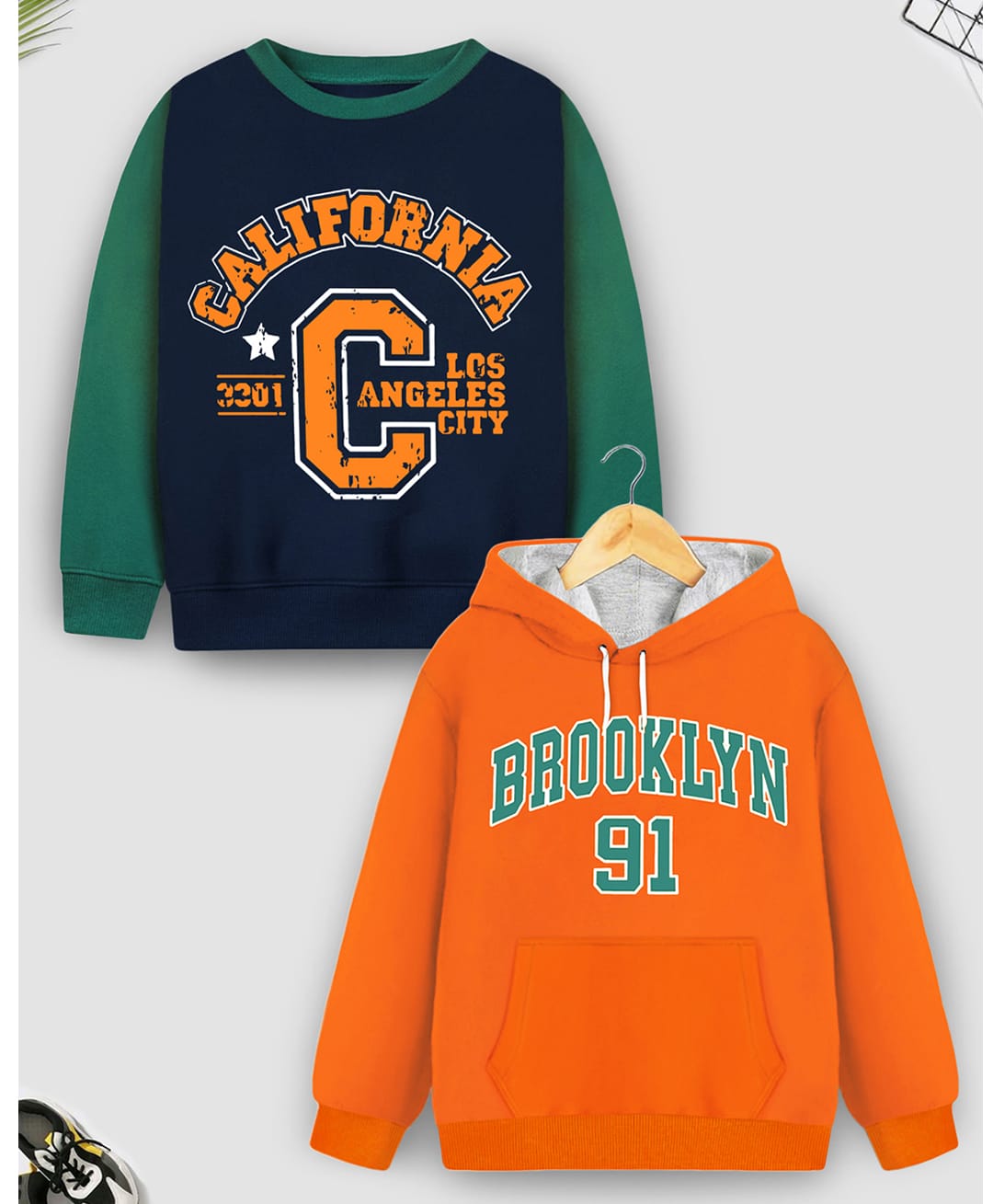 Trampoline Fleece Knit Pack Of 2 Full Sleeves Brooklyn & California Text Printed Light Winter Sweatshirt & Hoodie - Multi Colour-picture-23