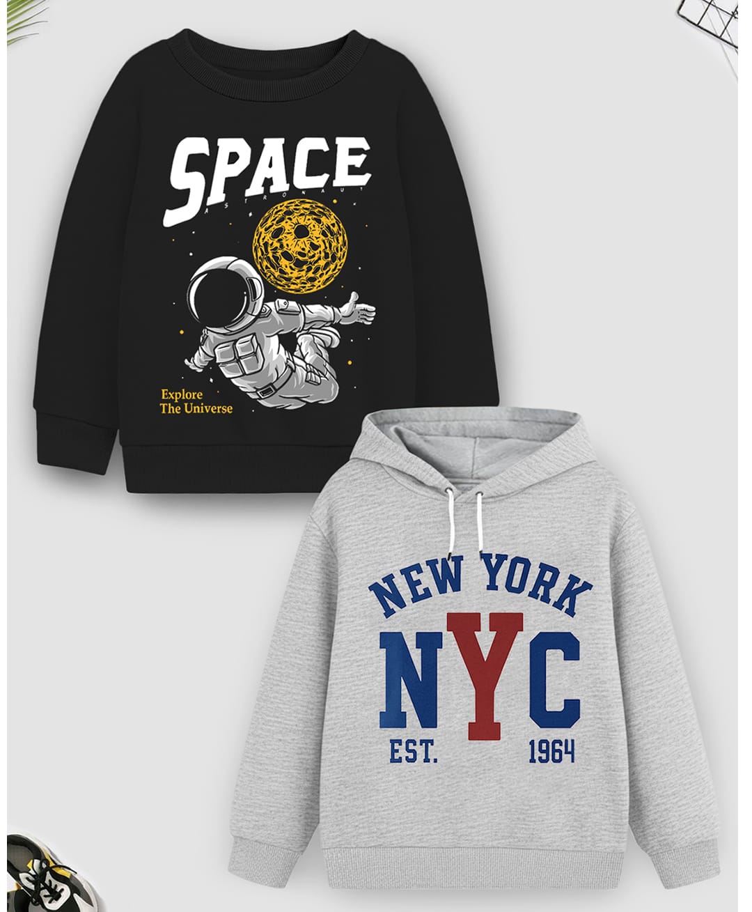 Trampoline Fleece Knit Pack Of 2 Full Sleeves Space Theme & NYC Text Printed Light Winter Sweatshirt & Hoodie - Black & Grey-picture-23