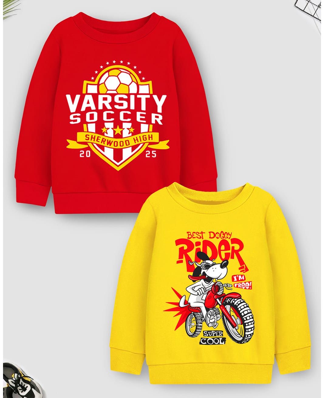 Trampoline Fleece Knit Pack Of 2 Full Sleeves Typography Printed Light Winter Sweatshirts - Red & Yellow-picture-18
