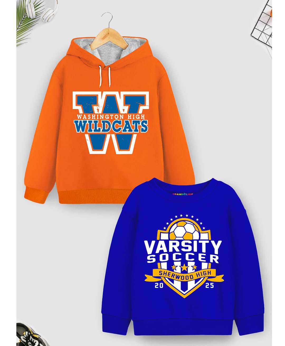 Trampoline Fleece Knit Pack Of 2 Full Sleeves Typography Printed Light Winter Sweatshirt & Hoodie - Orange & Blue-image-49