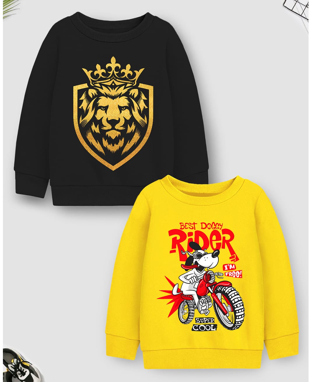 Trampoline Fleece Knit Pack Of 2 Full Sleeves Lion & Biker Dog Printed Light Winter Sweatshirts - Black Yellow-picture-12
