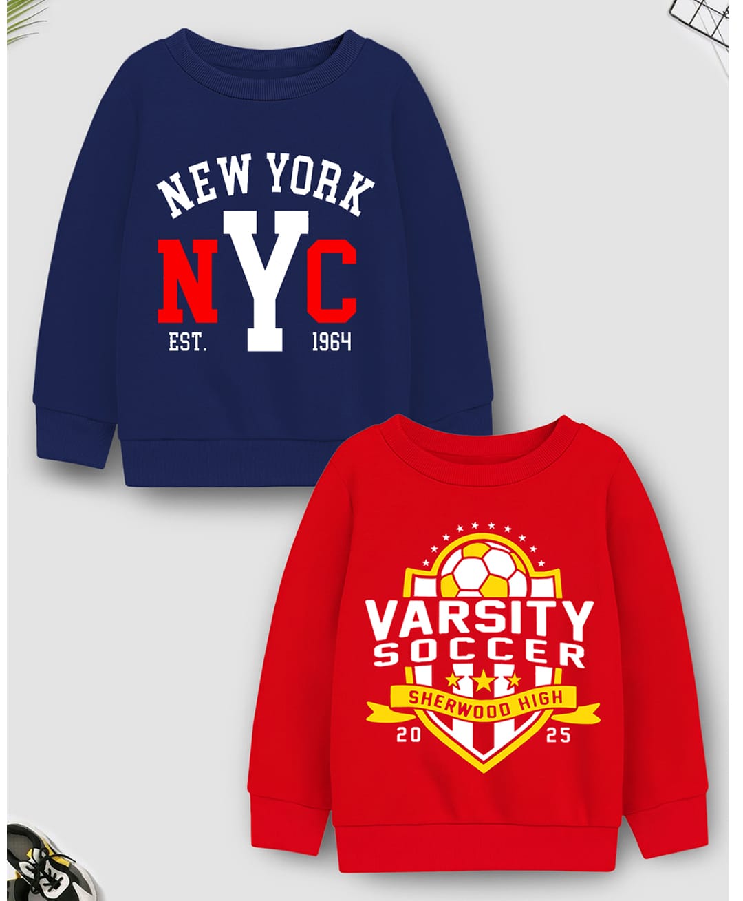Trampoline Fleece Knit Pack Of 2 Full Sleeves NYC & Varsity Soccer Text Printed Light Winter Sweatshirts - Navy Blue & Red-image-44