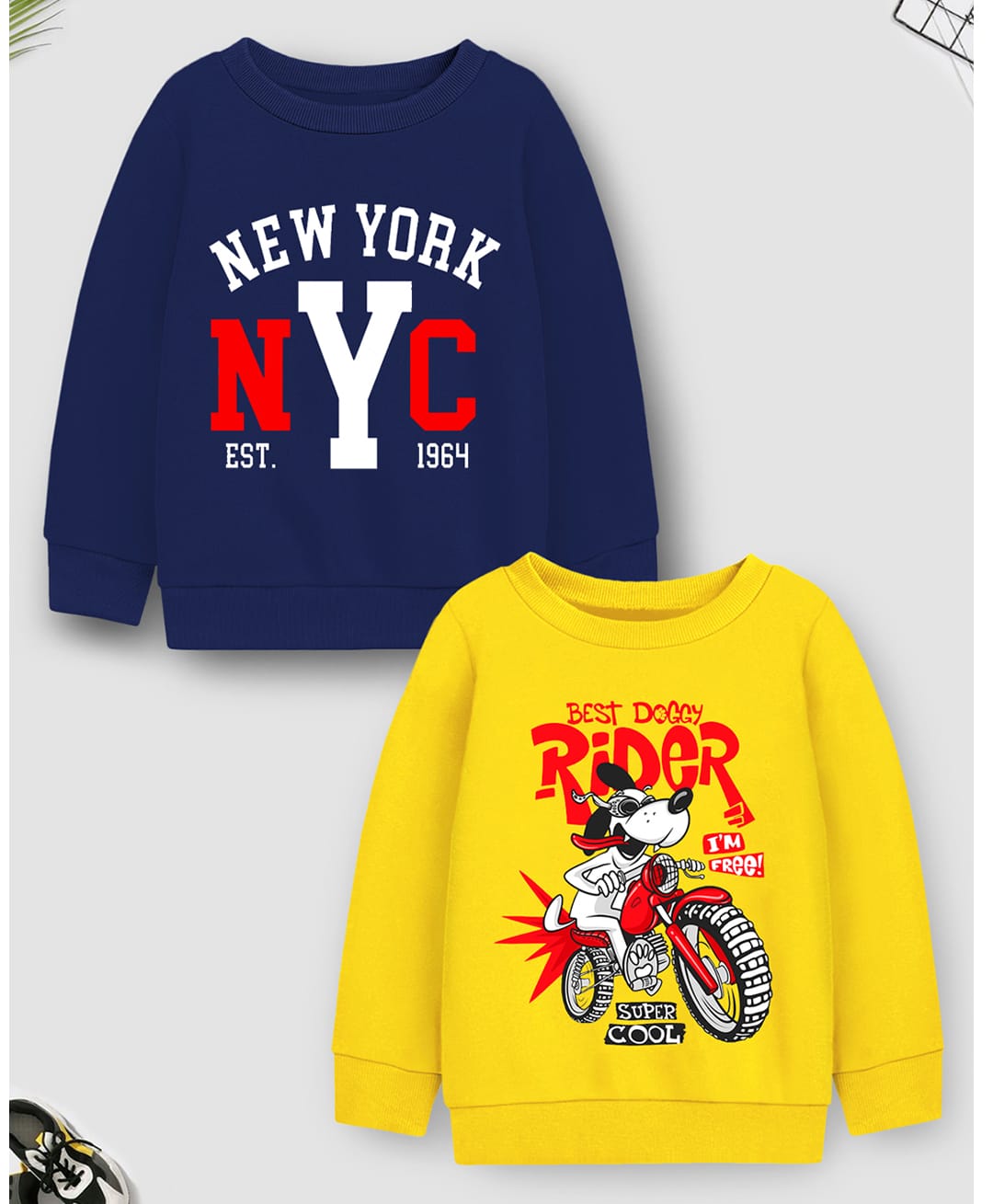 Trampoline Fleece Knit Pack Of 2 Full Sleeves NYC & Biker Dog Printed Light Winter Sweatshirts - Navy Blue & Yellow-image-12