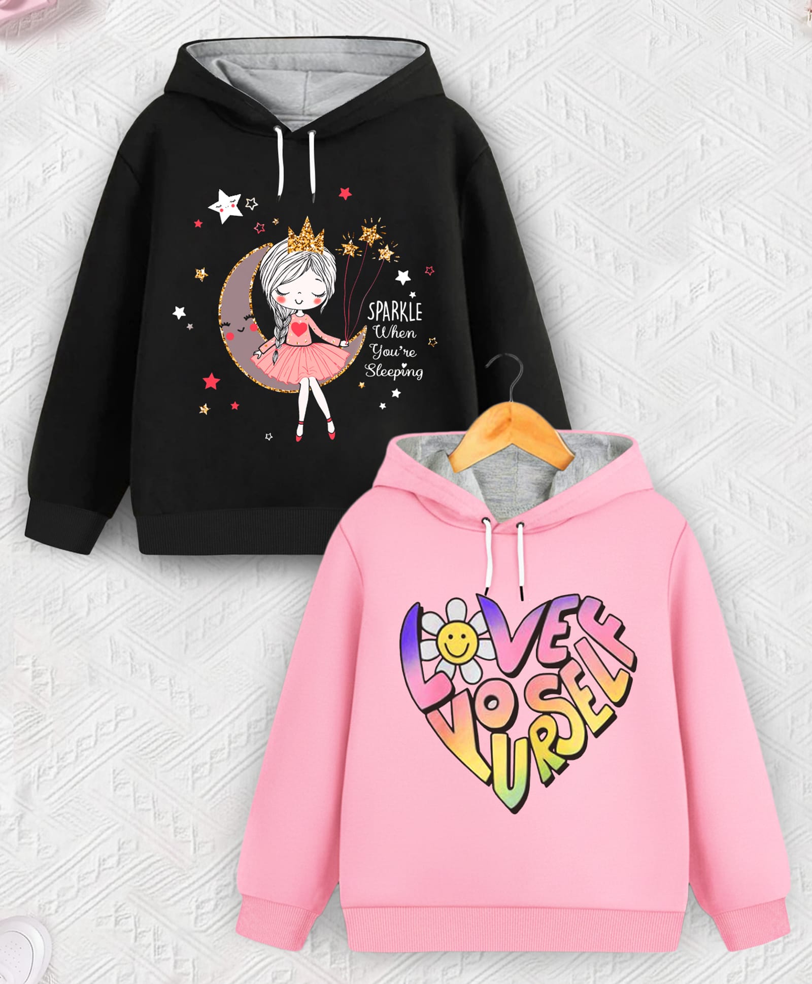 Trampoline Fleece Knit Pack Of 2 Full Sleeves Princess & Love Yourself Text Printed Light Winter Hoodies - Black & Pink-image-40