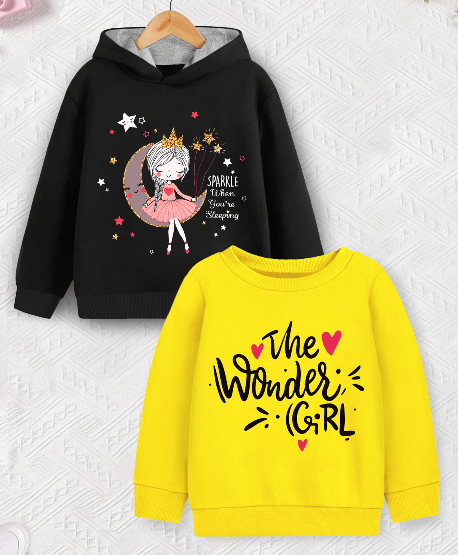 Trampoline Fleece Knit Pack Of 2 Full Sleeves Princess & The Wonder Girl Text Printed Hooded Light Winter Sweatshirt & Hoodie - Black & Yellow-picture-25