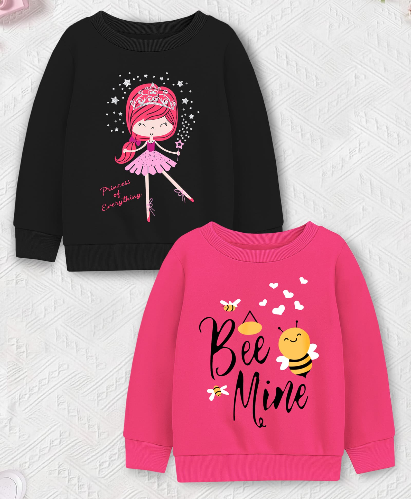 Trampoline Fleece Knit Pack Of 2 Full Sleeves Ballerina & Bees Printed Hooded Light Winter Sweatshirts - Black & Pink-picture-13