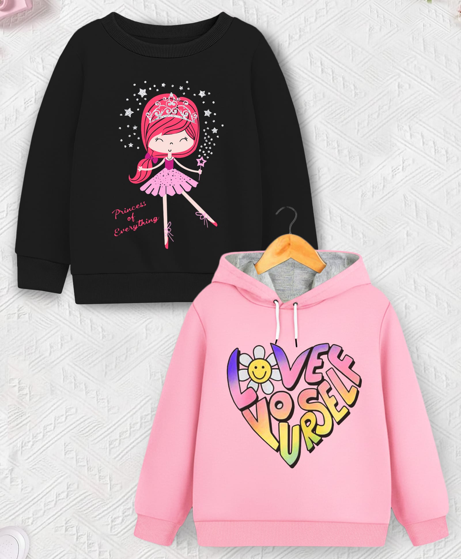 Trampoline Fleece Knit Pack Of 2 Full Sleeves Ballerina & Love Yourself Text Printed Light Winter Hoodie & Sweatshirt - Black & Pink-picture-24