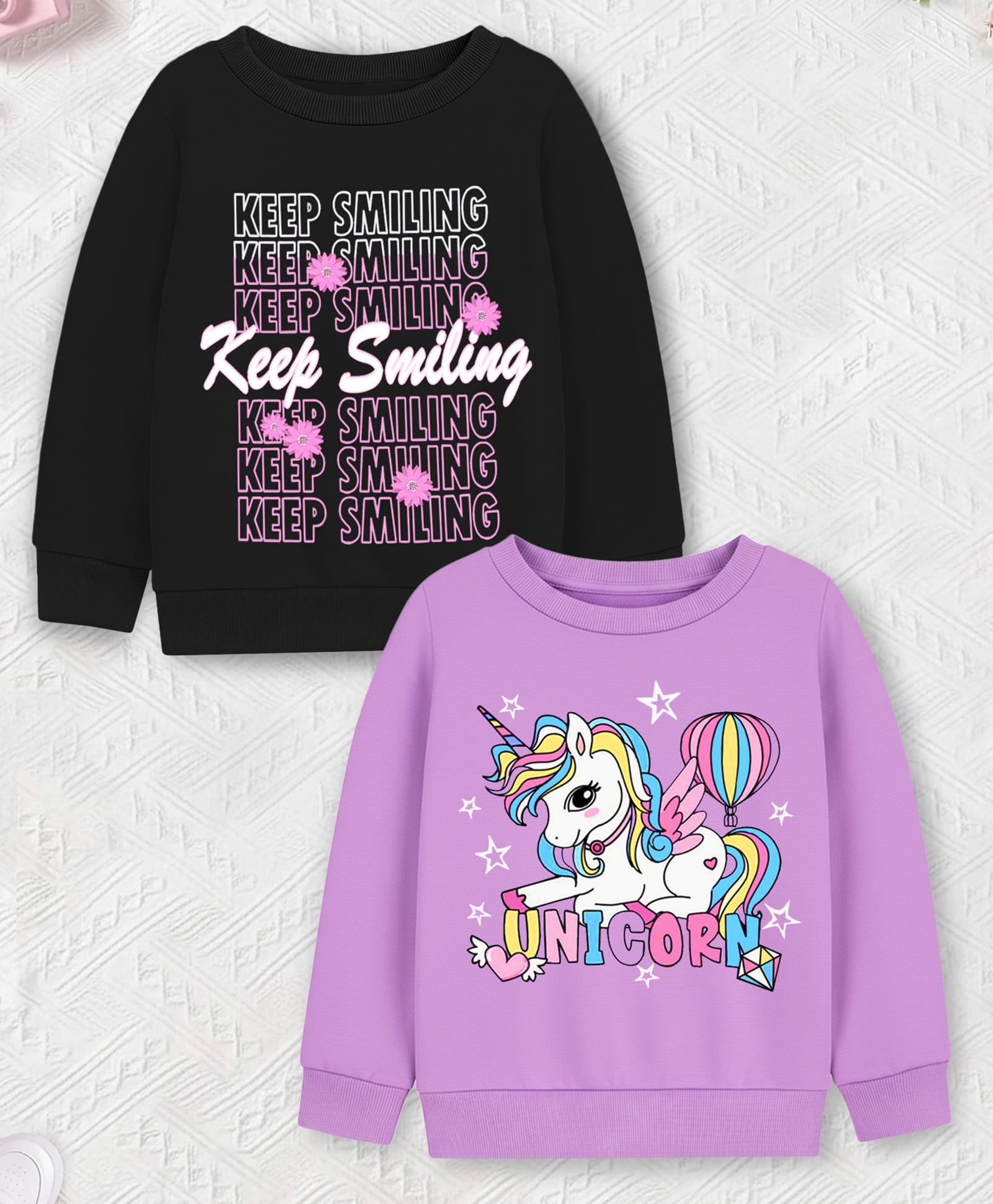 Trampoline Fleece Knit Pack Of 2 Full Sleeves Unicorn & Keep Smiling Text Printed Light Winter Sweatshirts - Black & Purple-image-25
