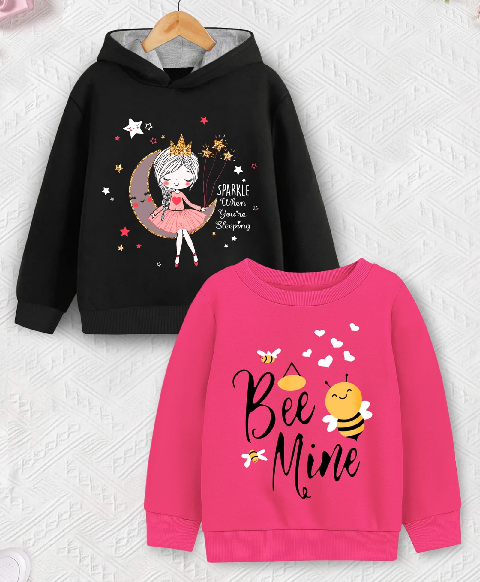 Trampoline Fleece Knit Pack Of 2 Full Sleeves Princess & Bee Mine Text Printed Light Winter Hoodie & Sweatshirt - Black & Pink-picture-26