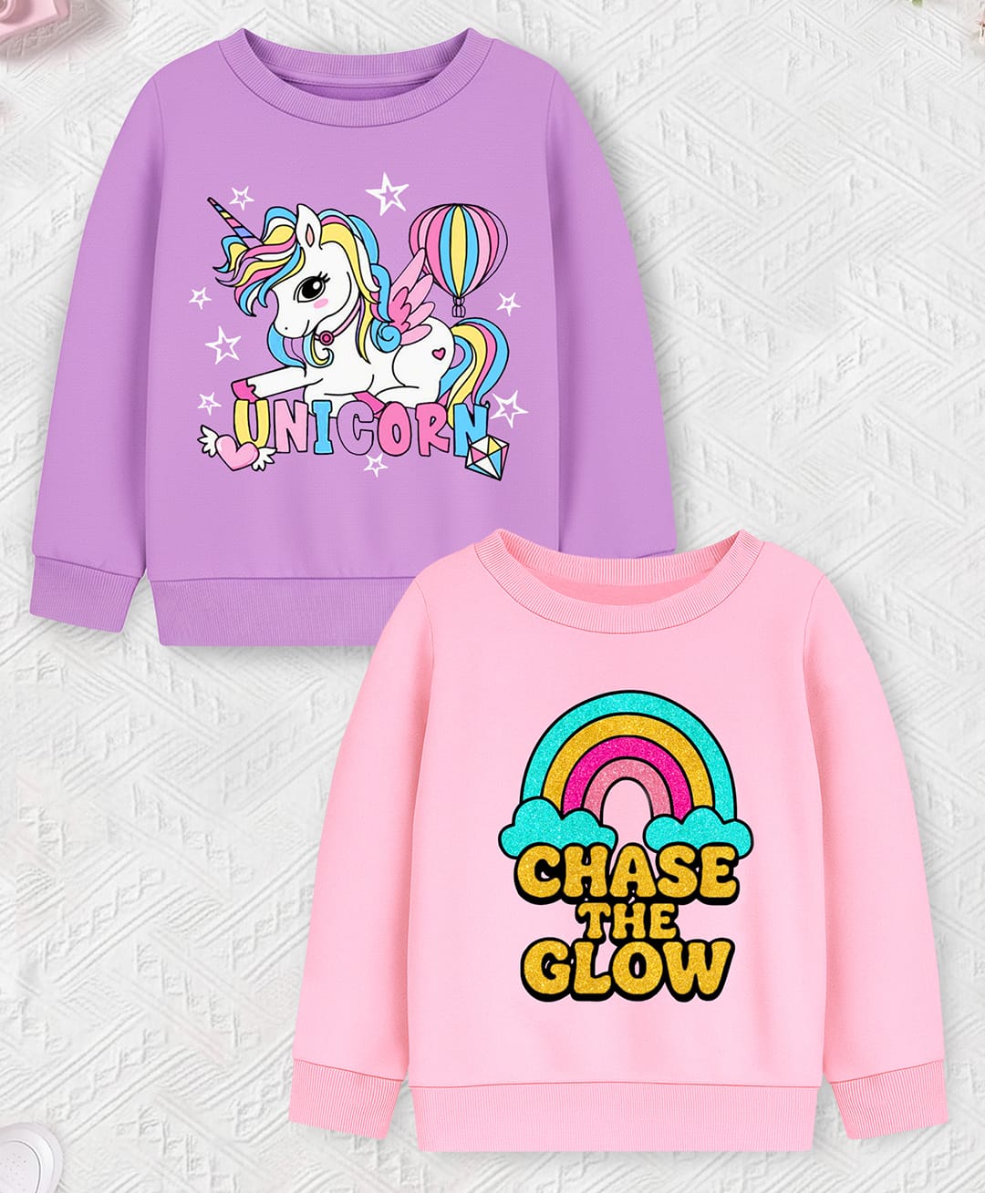Trampoline Fleece Knit Pack Of 2 Full Sleeves Unicorn & Rainbow Printed Light Winter Sweatshirts - Purple & Pink-image-19