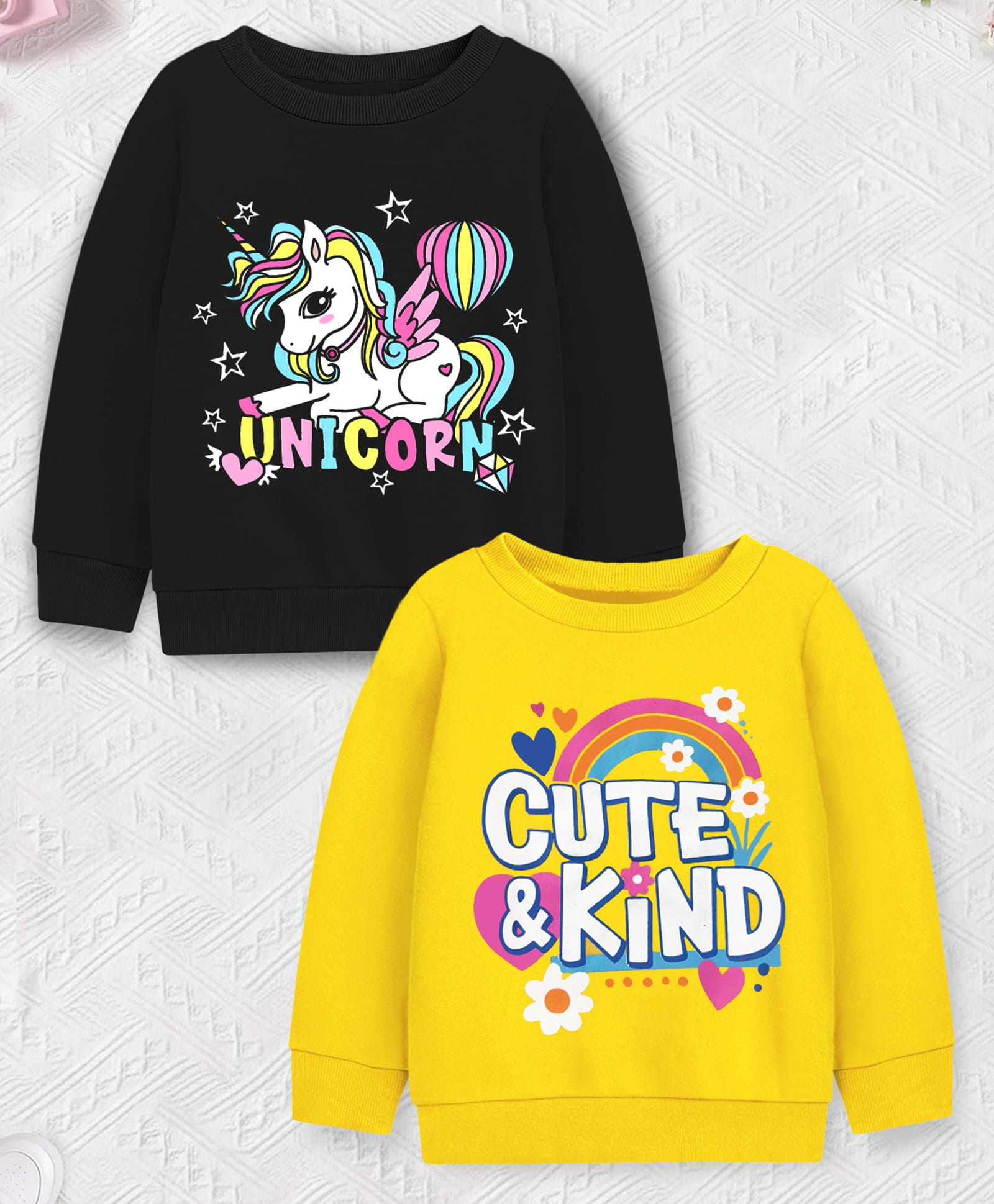 Trampoline Fleece Knit Pack Of 2 Full Sleeves Unicorn & Rainbow Printed Light Winter Sweatshirts - Black Yellow-image-44