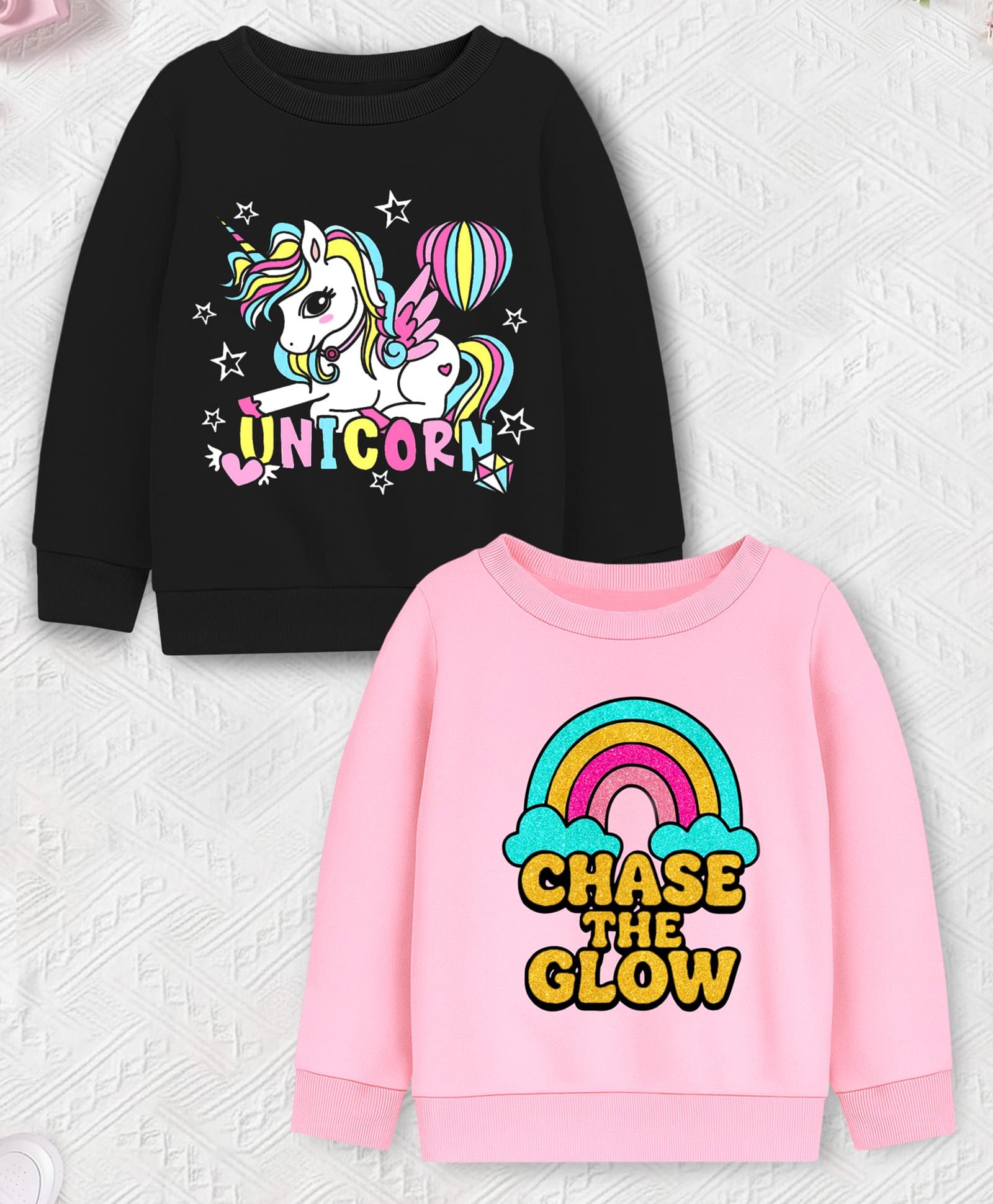 Trampoline Fleece Knit Pack Of 2 Full Sleeves Unicorn & Chase The Glow Text Printed Light Winter Sweatshirts - Black & Pink-image-22