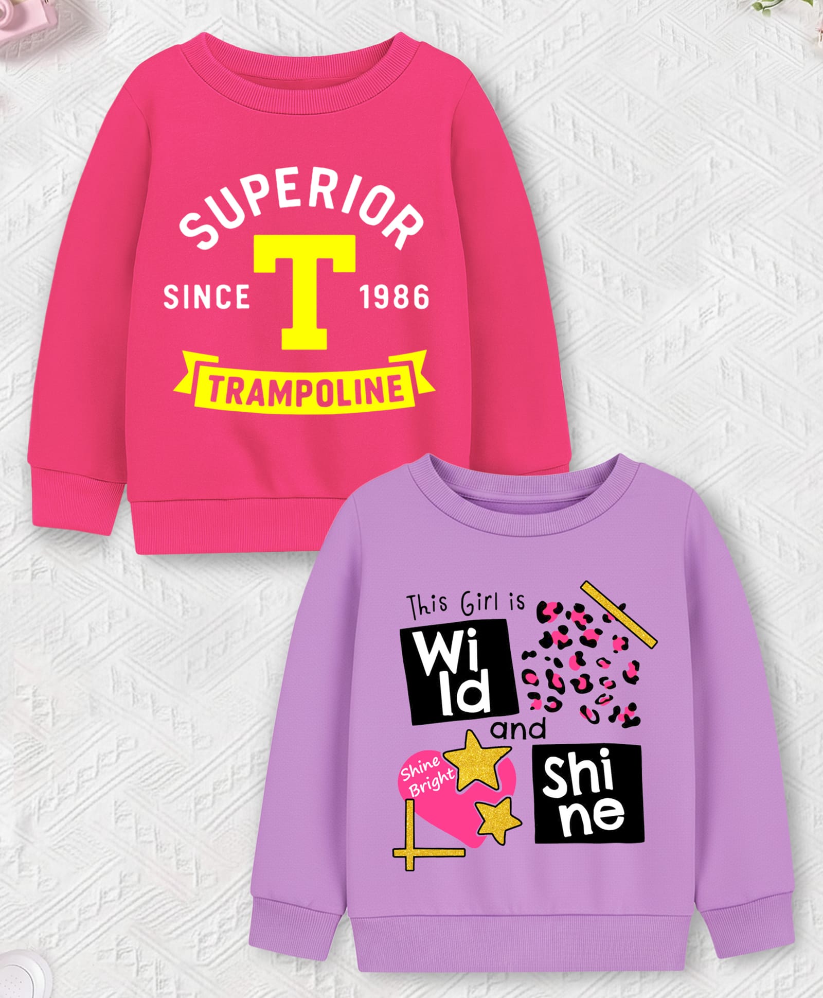 Trampoline Fleece Knit Pack Of 2 Full Sleeves Superior & Wild & Shine Text Printed Light Winter Sweatshirts - Pink & Purple-image-12
