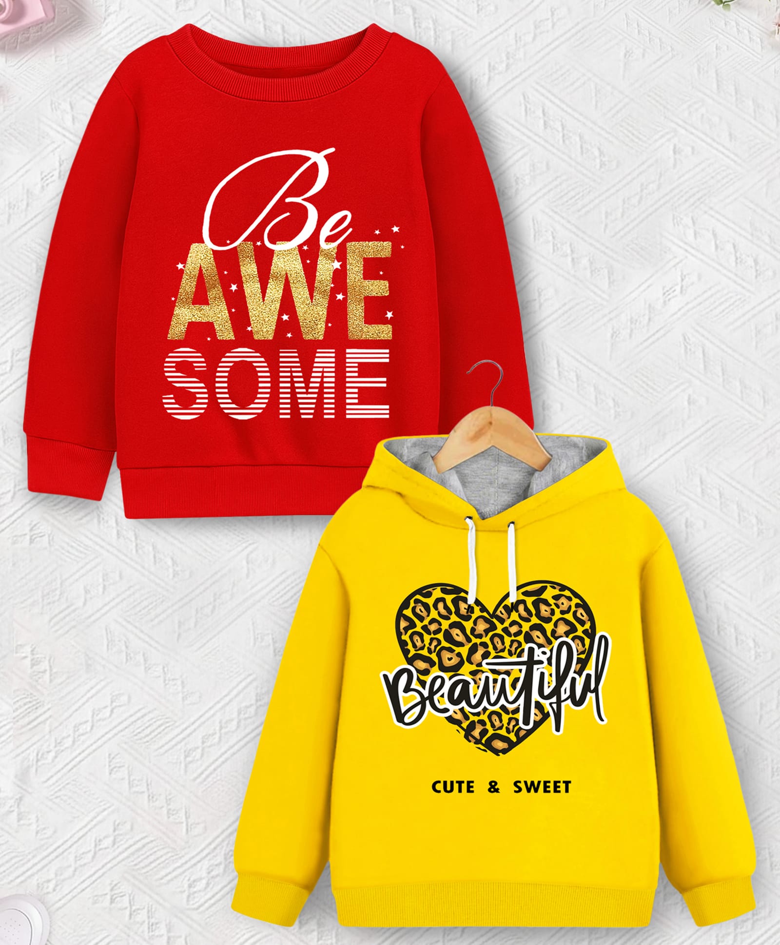 Trampoline Fleece Knit Pack Of 2 Full Sleeves Be Awesome & Beautiful Text Printed Light Winter Sweatshirt & Hoodie - Red & Yellow-picture-20