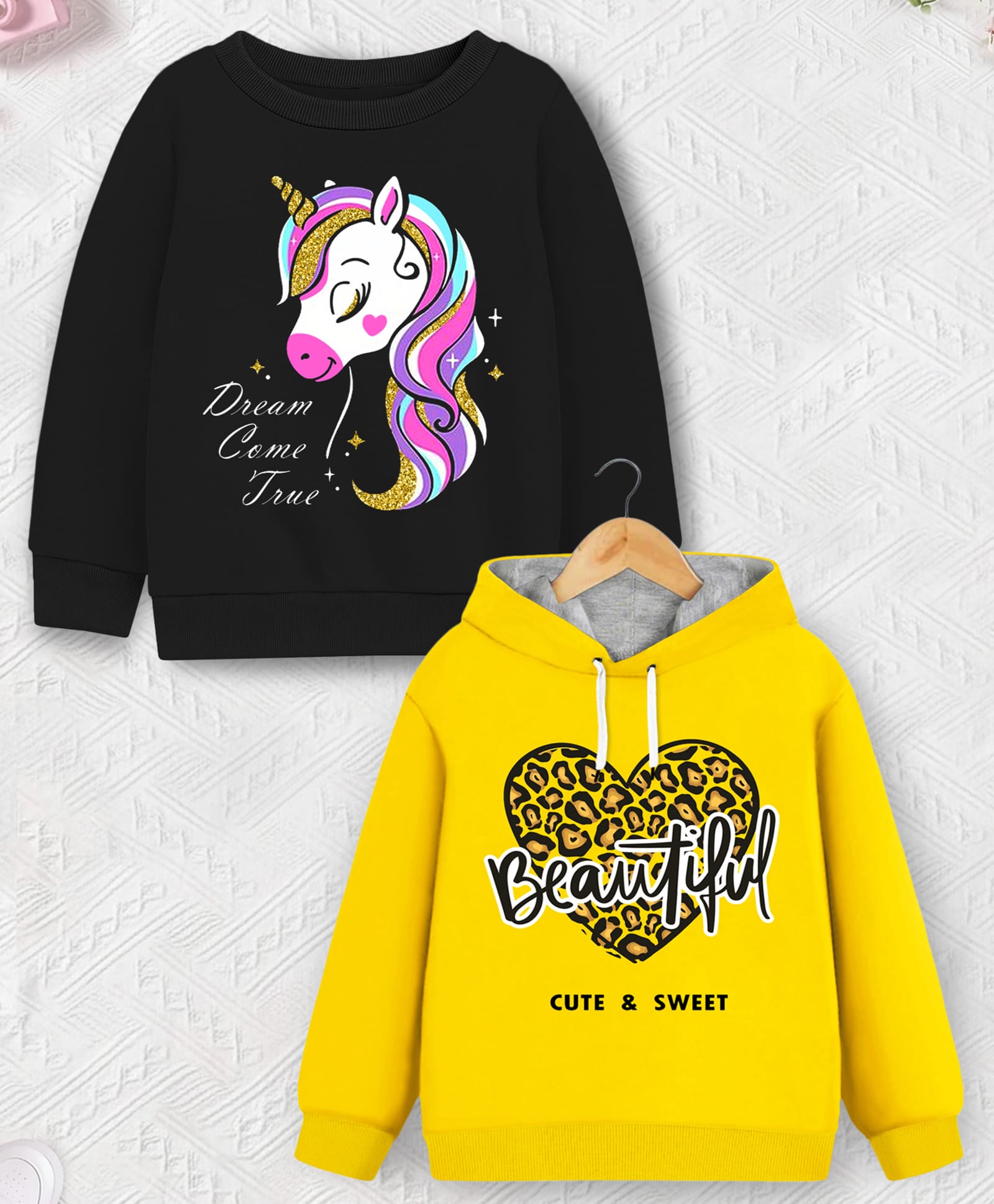 Trampoline Fleece Knit Pack Of 2 Full Sleeves Unicorn & Beautiful Text Printed Light Winter Sweatshirt & Hoodie - Black & Yellow-picture-18